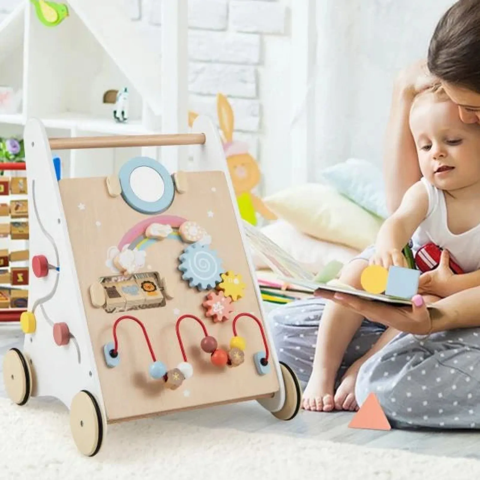 Little Helper Ergonomisch | Haltungsfördernde Lauflernhilfe aus Holz zum Sitzen und Stehen | Mehrere integrierte Spielzeugaktivitäten | 12m+