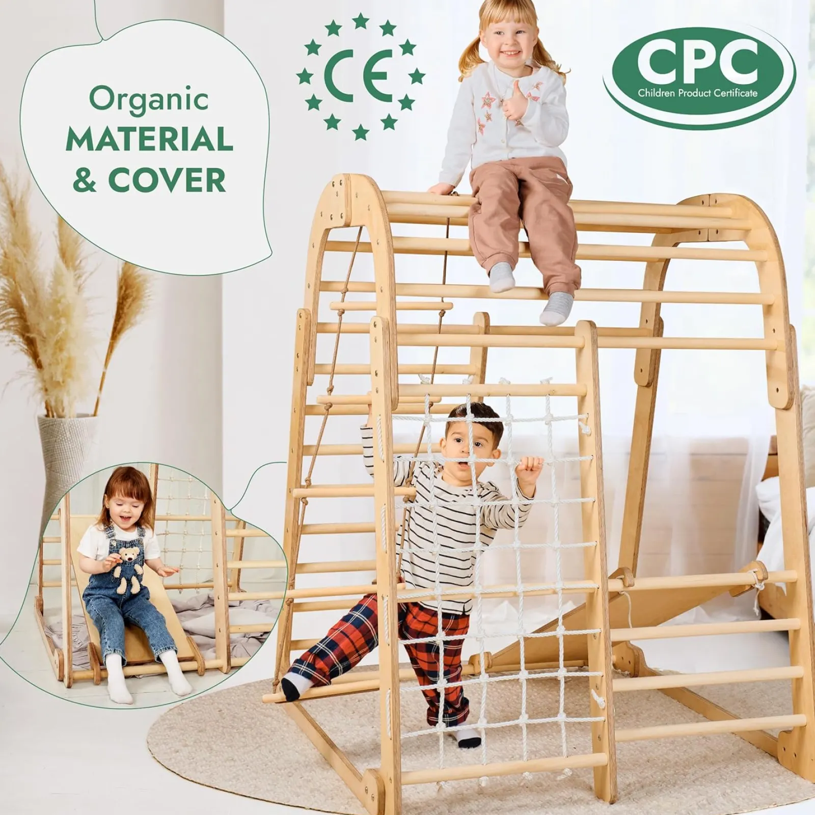 Kinder Little Helper Ergonomisches Pikler 6-in-1 Klettergerüst für Kleinkinder aus Öko-Holz für drinnen und draußen | Kletterwand | Folie | 36m+