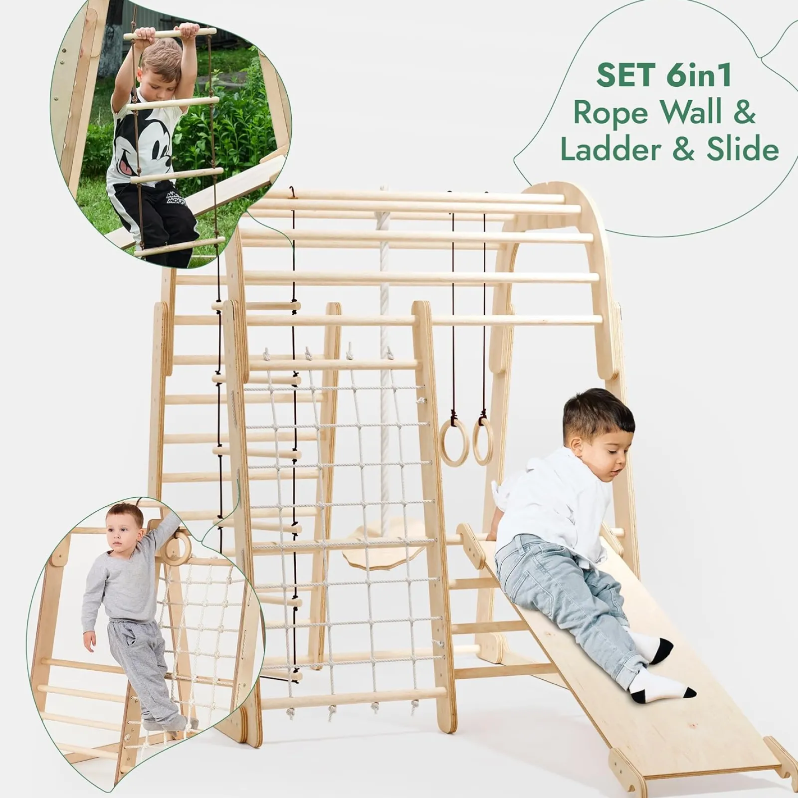 Kinder Little Helper Ergonomisches Pikler 6-in-1 Klettergerüst für Kleinkinder aus Öko-Holz für drinnen und draußen | Kletterwand | Folie | 36m+