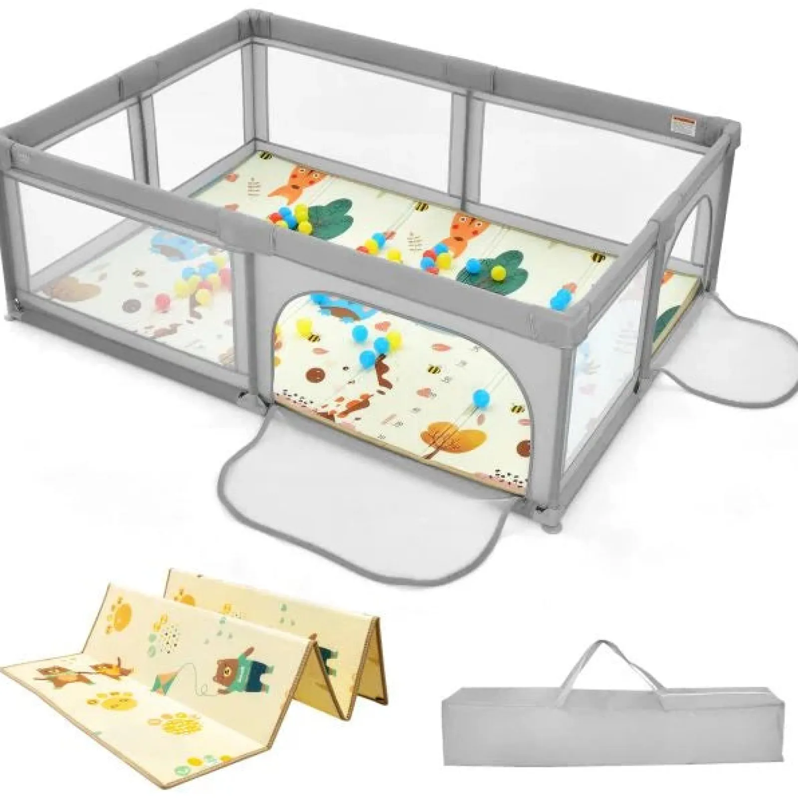 Kinder Little Helper Extra großer Baby-Laufstall | Bällebad | 50 Bälle & Tragetasche | Atmungsaktives Mesh-Gewebe | 2m x 1,4m | Weiches Grau
