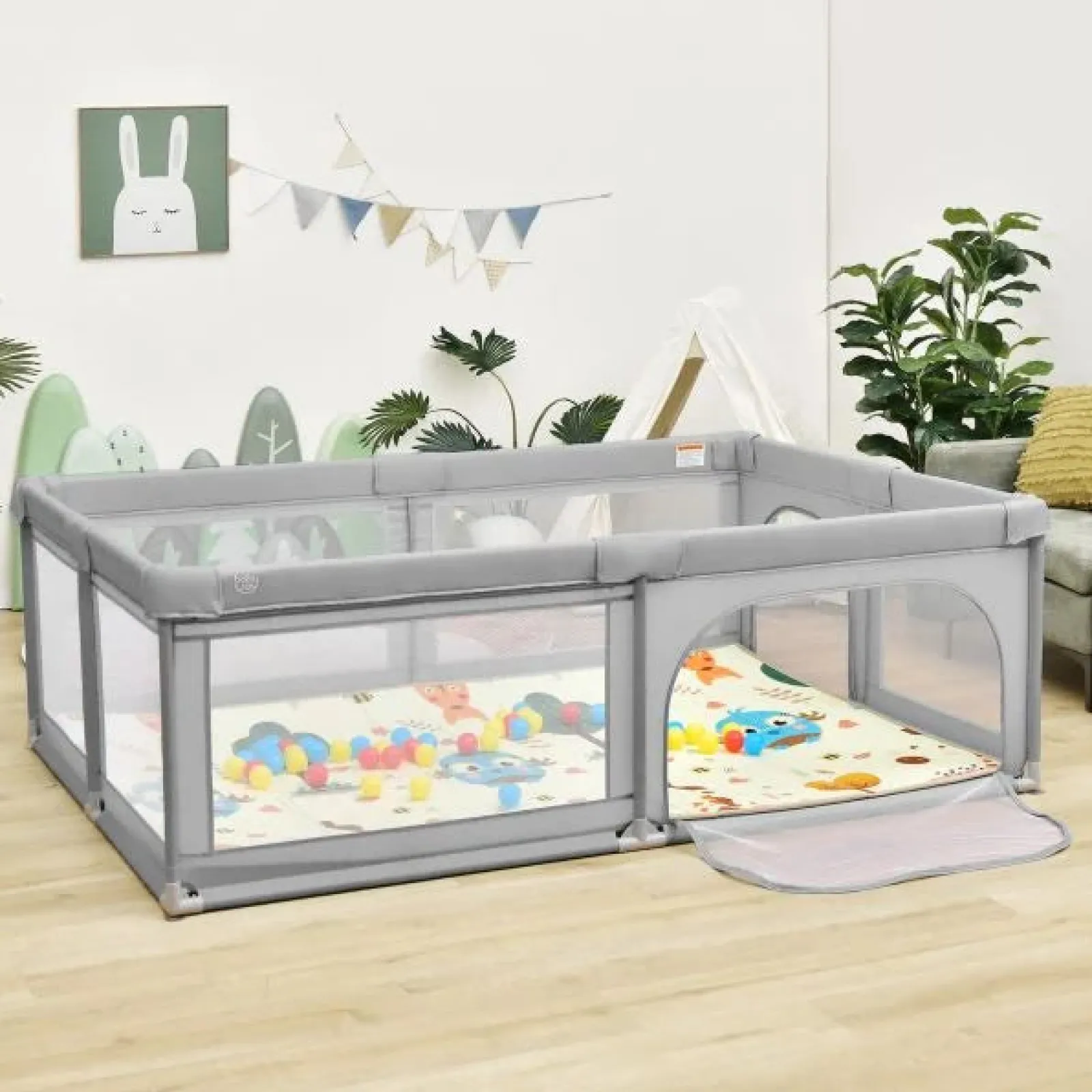 Kinder Little Helper Extra großer Baby-Laufstall | Bällebad | 50 Bälle & Tragetasche | Atmungsaktives Mesh-Gewebe | 2m x 1,4m | Weiches Grau
