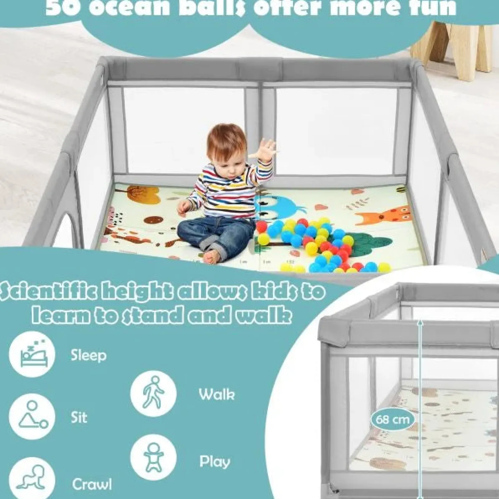 Kinder Little Helper Extra großer Baby-Laufstall | Bällebad | 50 Bälle & Tragetasche | Atmungsaktives Mesh-Gewebe | 2m x 1,4m | Weiches Grau
