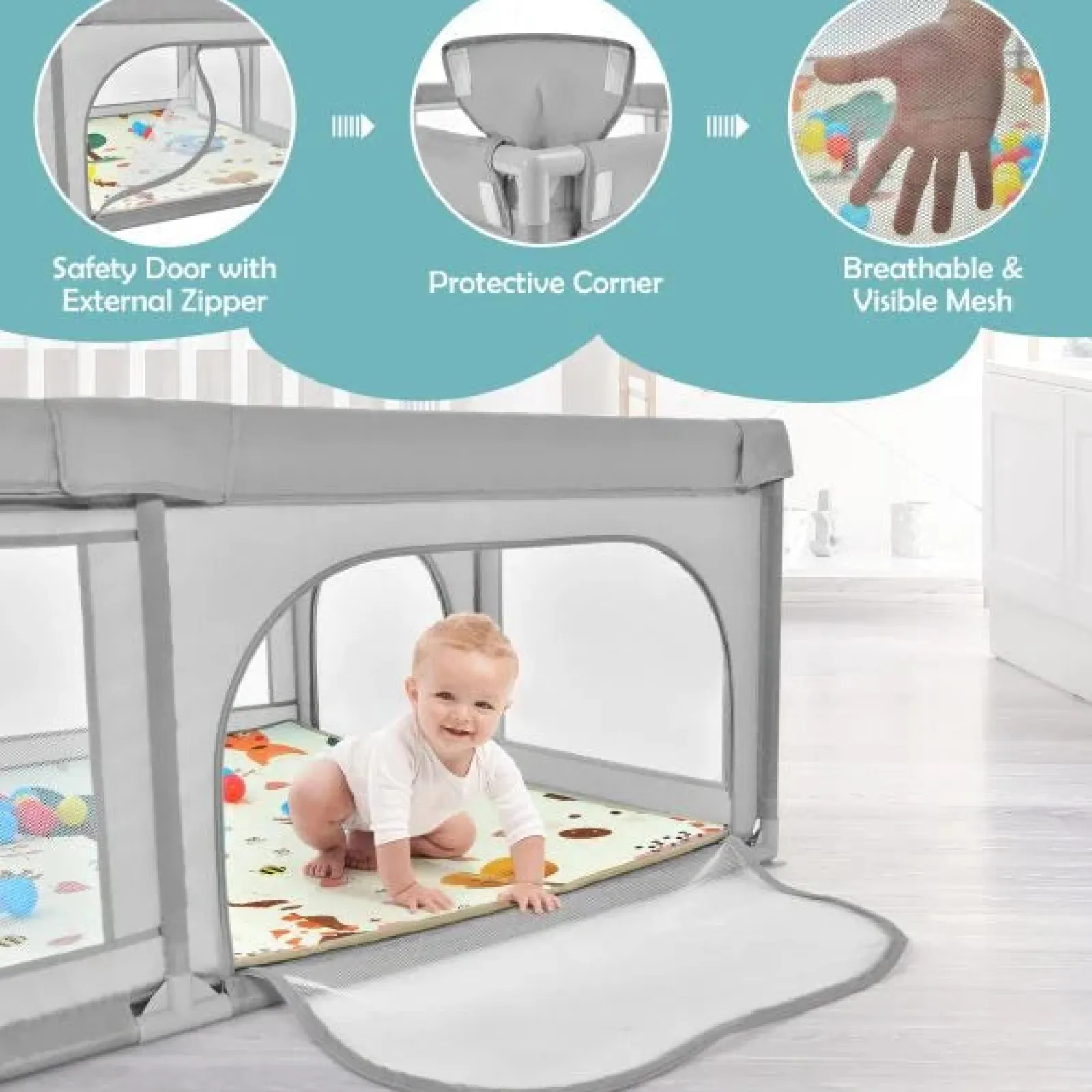 Kinder Little Helper Extra großer Baby-Laufstall | Bällebad | 50 Bälle & Tragetasche | Atmungsaktives Mesh-Gewebe | 2m x 1,4m | Weiches Grau