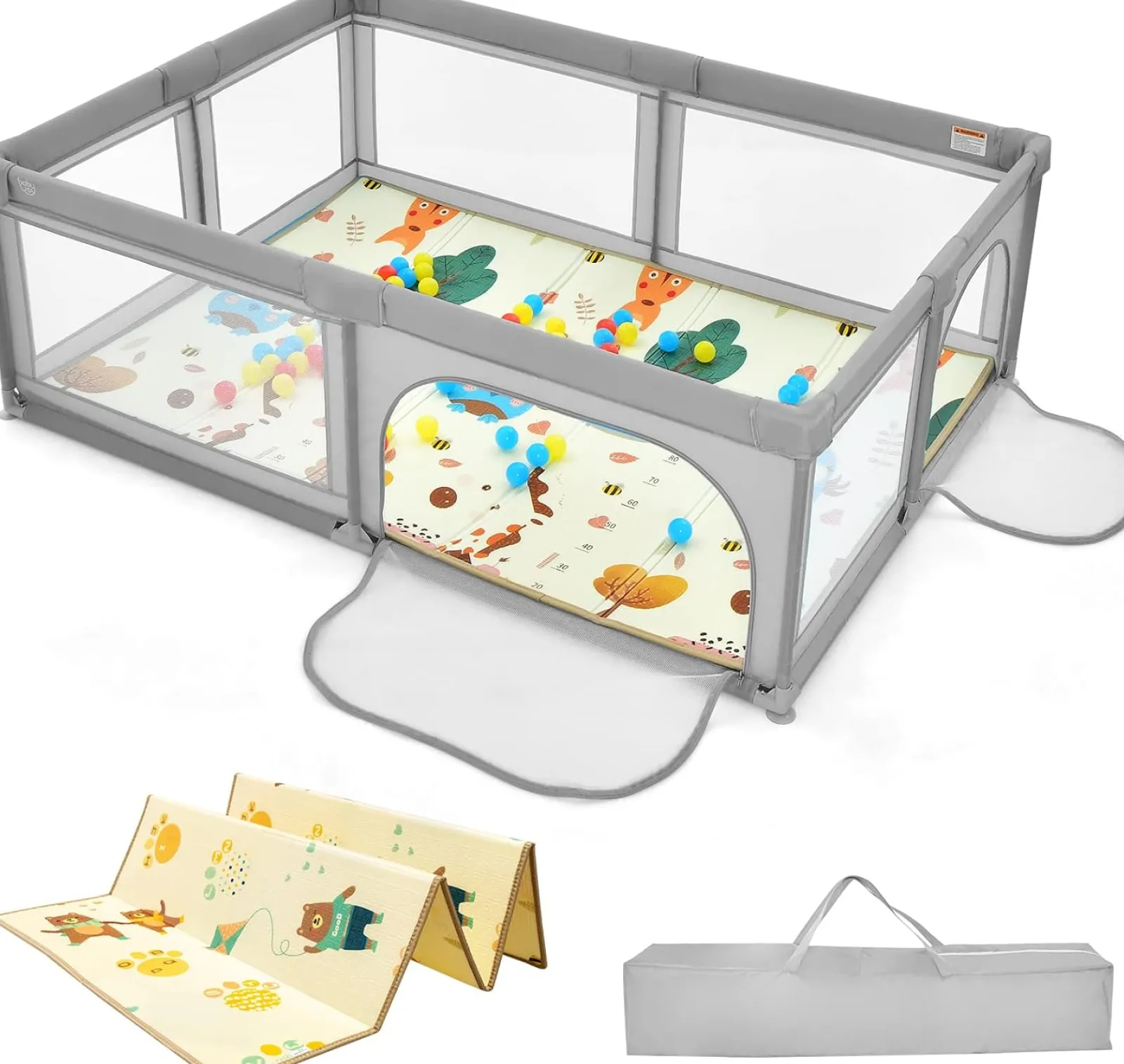 Kinder Little Helper Extra großer Baby-Laufstall und Bällebad mit 50 Bällen, Matte und Tragetasche | Atmungsaktives Mesh-Gewebe | 2m x 1,4m | Grau