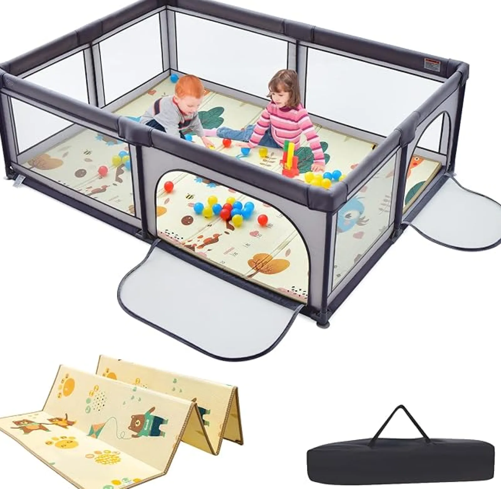 Kinder Little Helper Extra großer Baby-Laufstall und Bällebad mit 50 Bällen, Matte und Tragetasche | Atmungsaktives Mesh-Gewebe | 2m x 1,4m | Grau