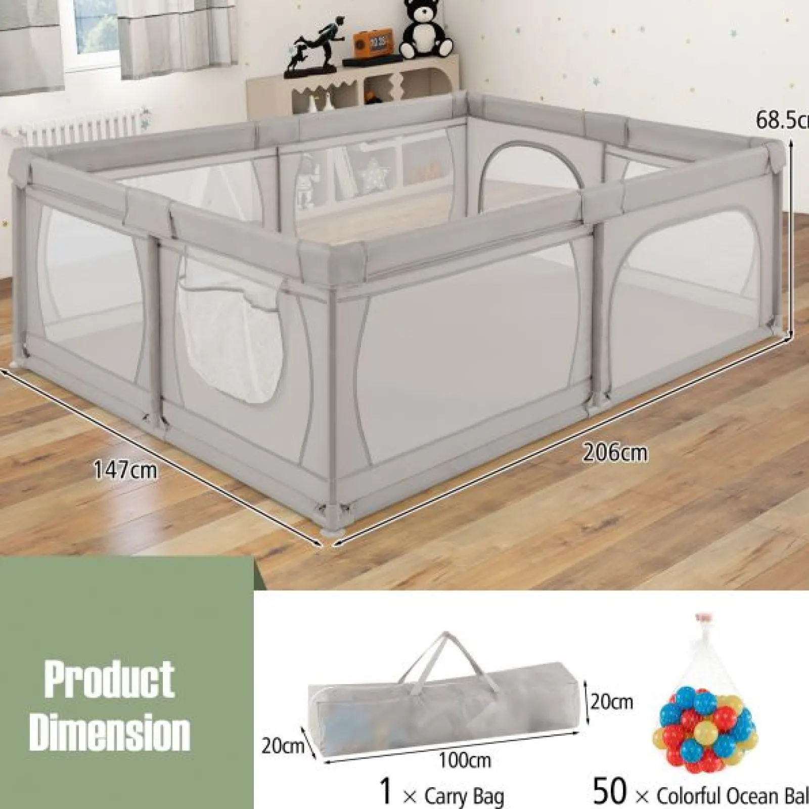 Kinder Little Helper Extra großer Baby-Laufstall und Bällebad mit 50 Bällen, Matte und Tragetasche | Atmungsaktives Mesh-Gewebe | 2m x 1,4m | Grau