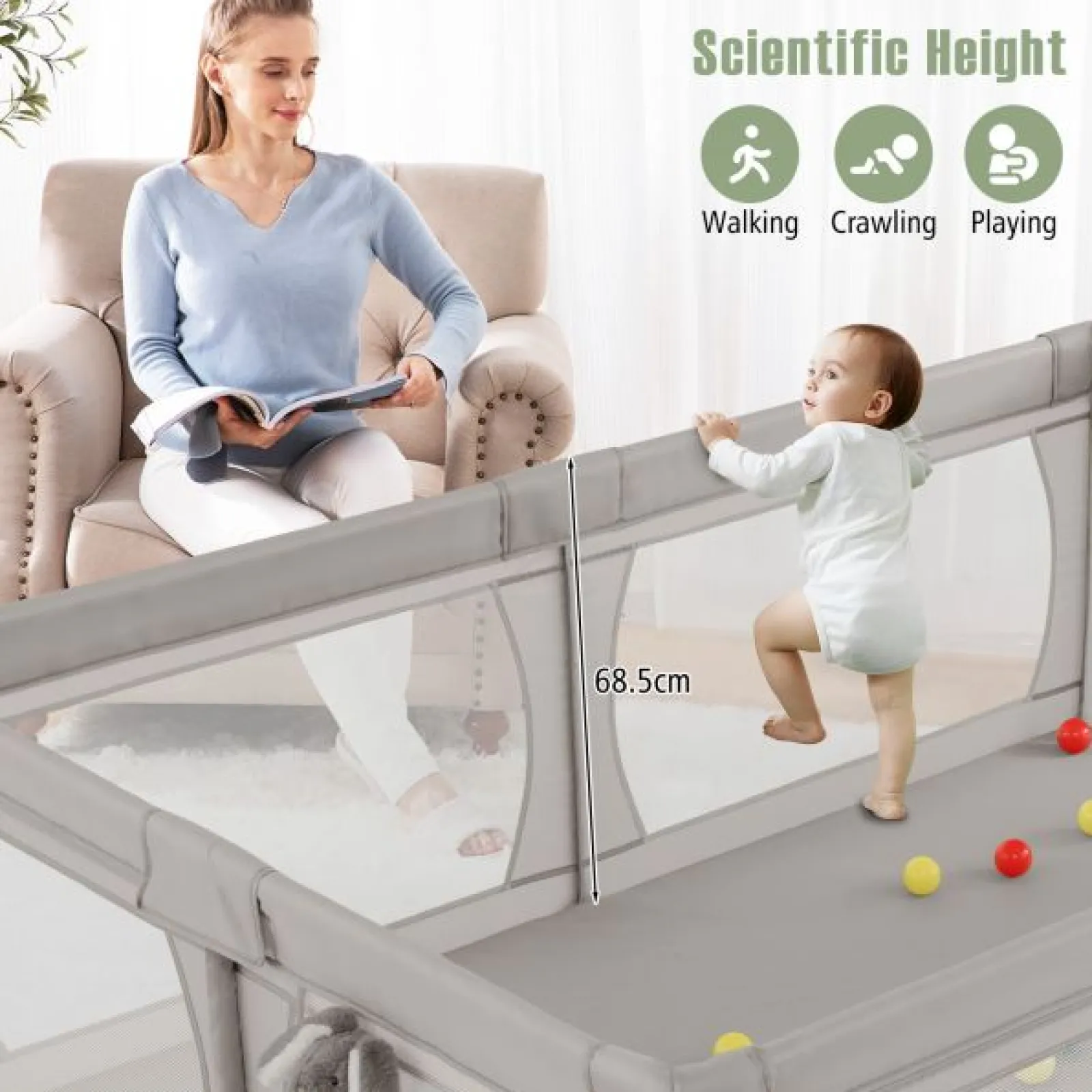 Kinder Little Helper Extra großer Baby-Laufstall und Bällebad mit 50 Bällen, Matte und Tragetasche | Atmungsaktives Mesh-Gewebe | 2m x 1,4m | Grau