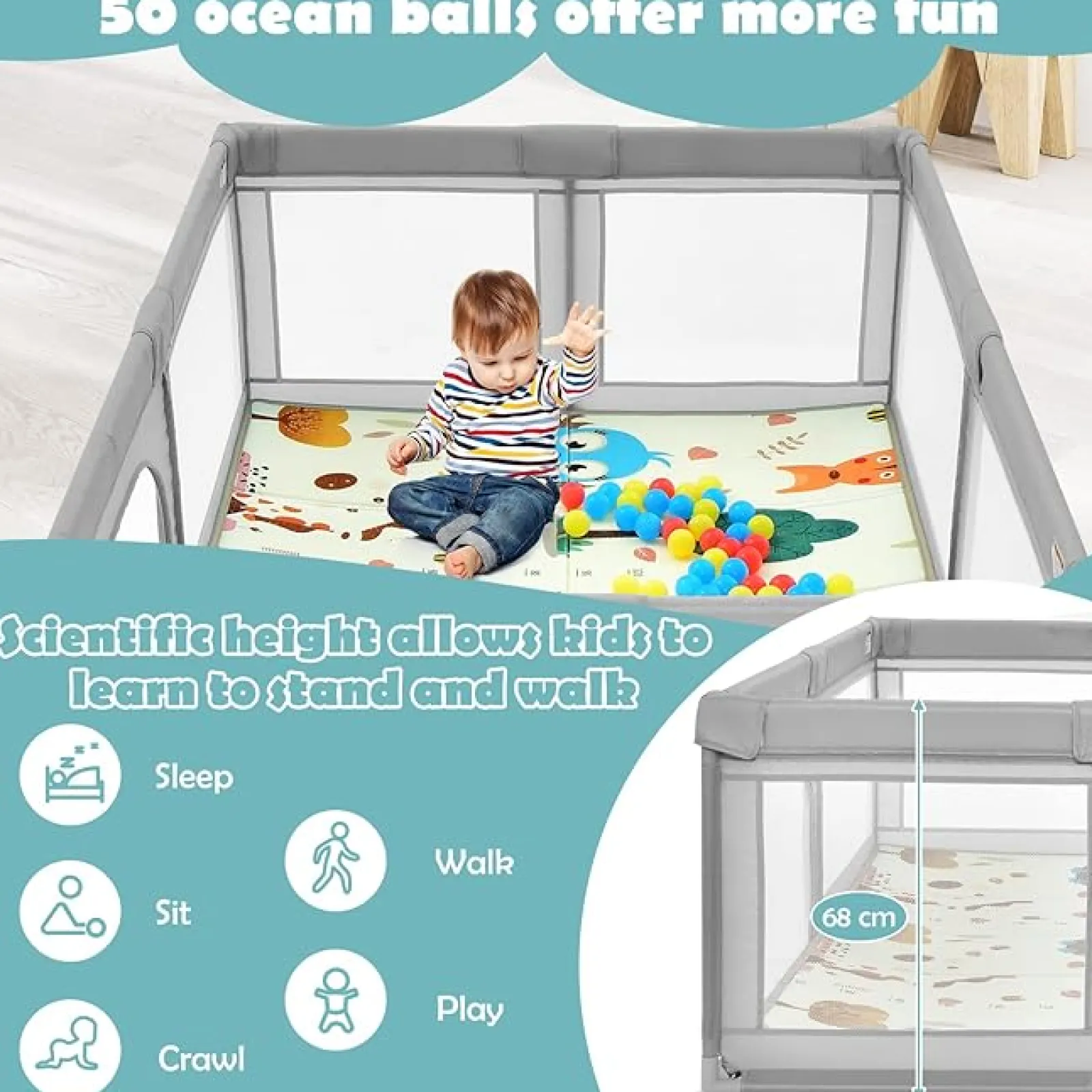 Kinder Little Helper Extra großer Baby-Laufstall und Bällebad mit 50 Bällen, Matte und Tragetasche | Atmungsaktives Mesh-Gewebe | 2m x 1,4m | Grau