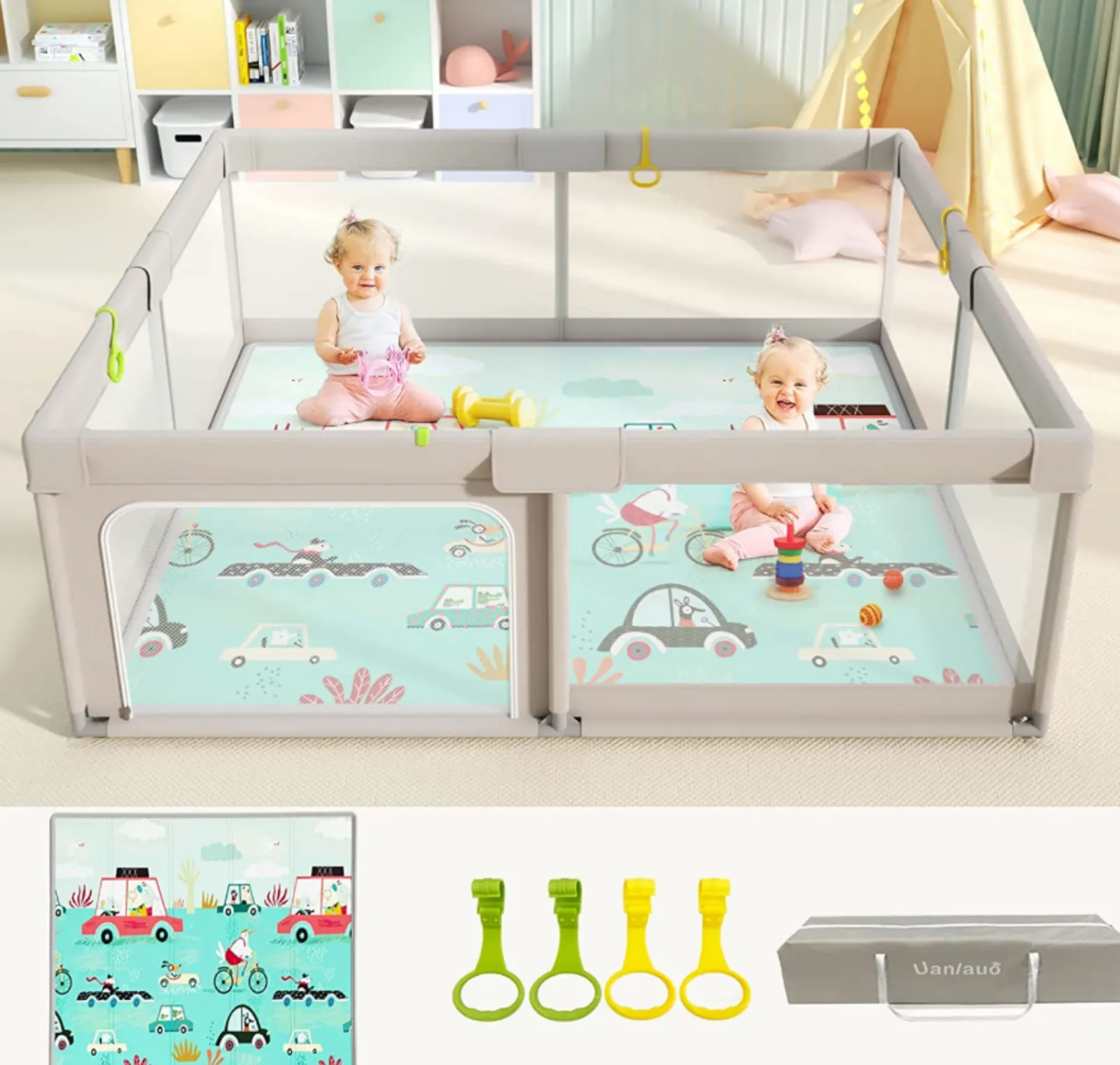 Kinder Little Helper Extragroßer Babylaufstall | Haltegriffe | Tragetasche | Atmungsaktives Netzgewebe | Inklusive wendbarer Spielmatte | Grau | 1,5 x 1,5m
