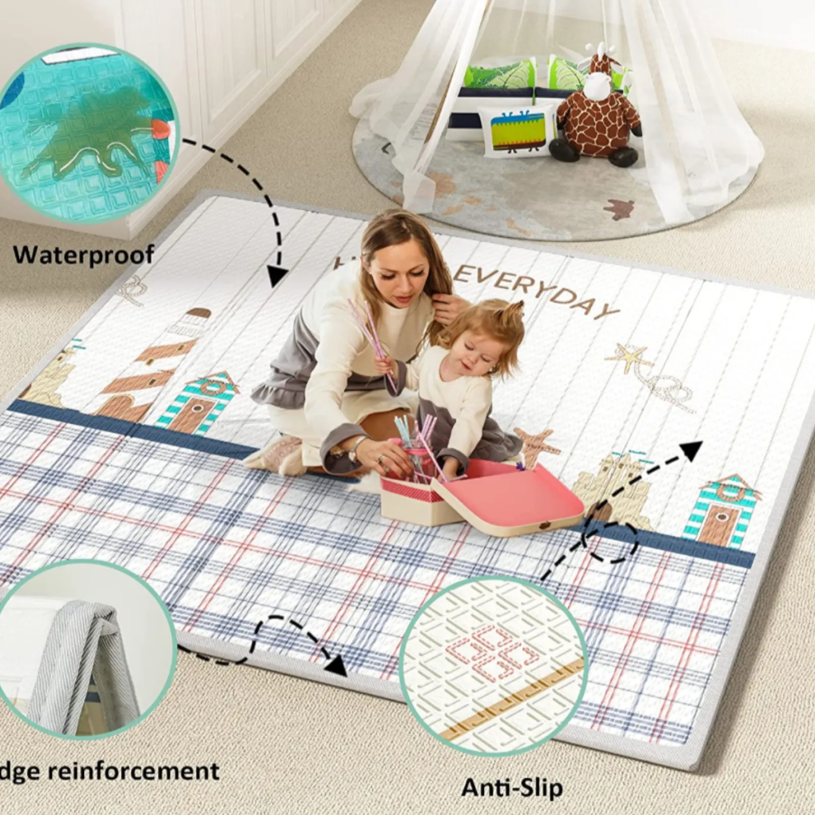 Kinder Little Helper Extragroßer Babylaufstall | Haltegriffe | Tragetasche | Atmungsaktives Netzgewebe | Inklusive wendbarer Spielmatte | Grau | 1,5 x 1,5m