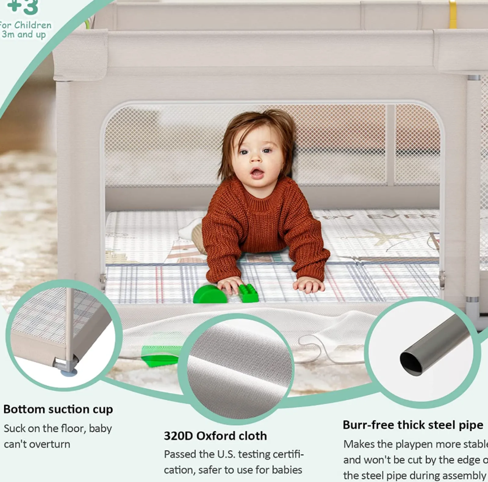 Kinder Little Helper Extragroßer Babylaufstall | Haltegriffe | Tragetasche | Atmungsaktives Netzgewebe | Inklusive wendbarer Spielmatte | Grau | 1,5 x 1,5m