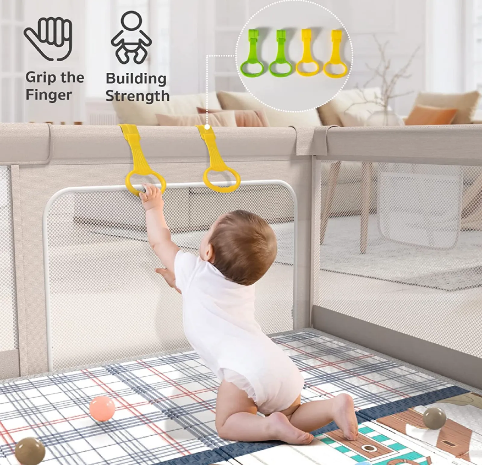 Kinder Little Helper Extragroßer Babylaufstall | Haltegriffe | Tragetasche | Atmungsaktives Netzgewebe | Inklusive wendbarer Spielmatte | Grau | 1,5 x 1,5m