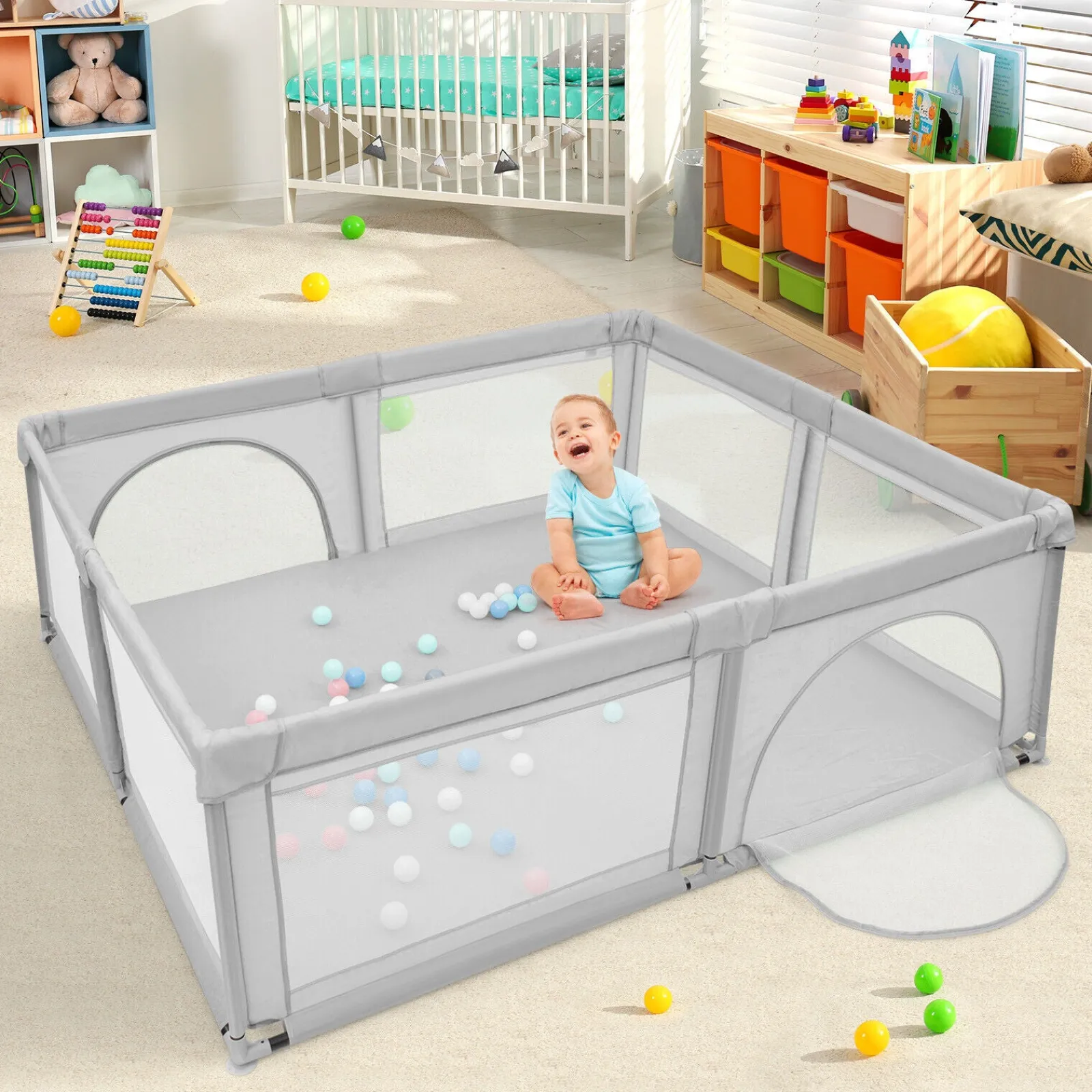 Kinder Little Helper Extragroßer Babylaufstall und Bällebad mit 50 Bällen | Atmungsaktives Netzgewebe | 2,07 m x 1,87 m | Zartes Grau