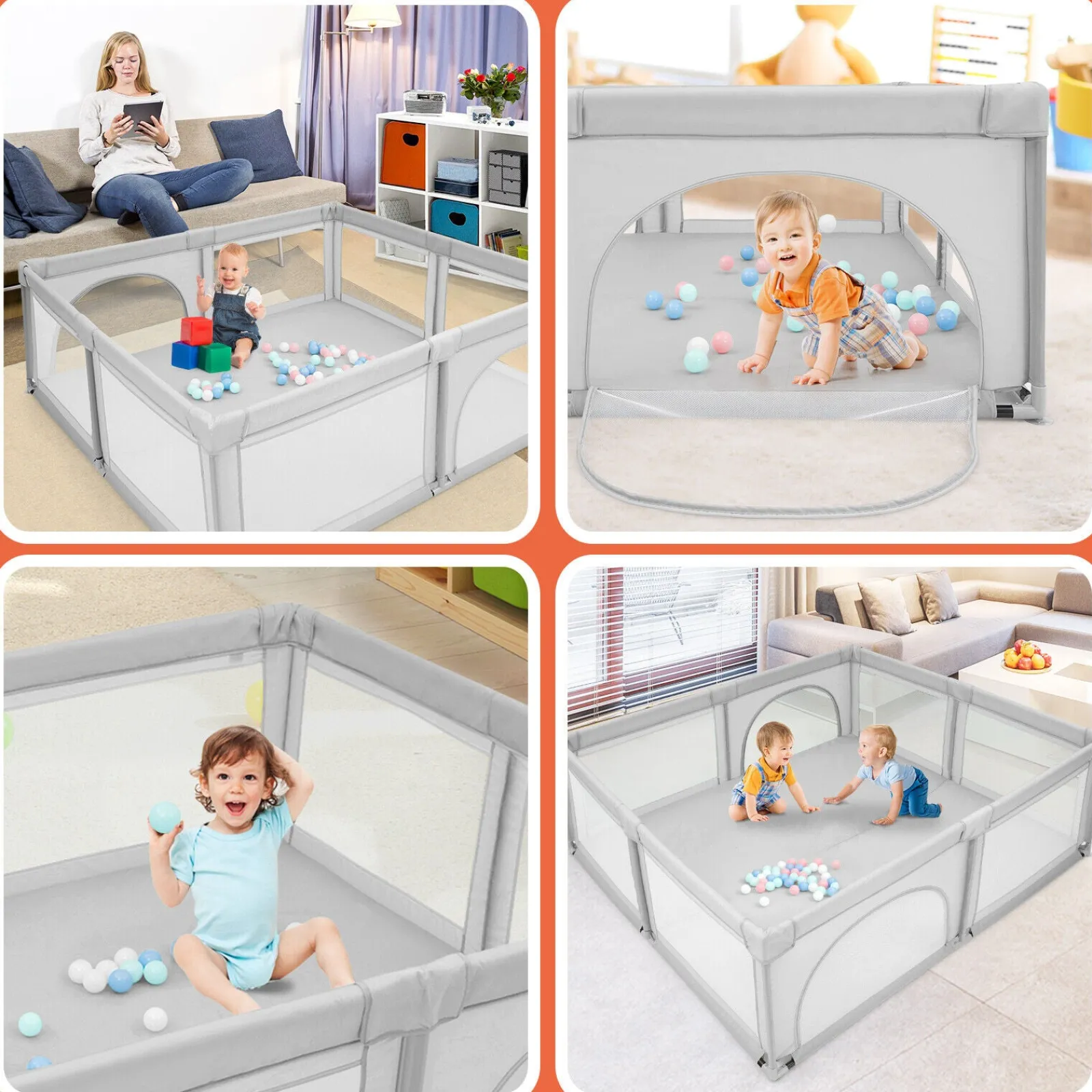 Kinder Little Helper Extragroßer Babylaufstall und Bällebad mit 50 Bällen | Atmungsaktives Netzgewebe | 2,07 m x 1,87 m | Zartes Grau