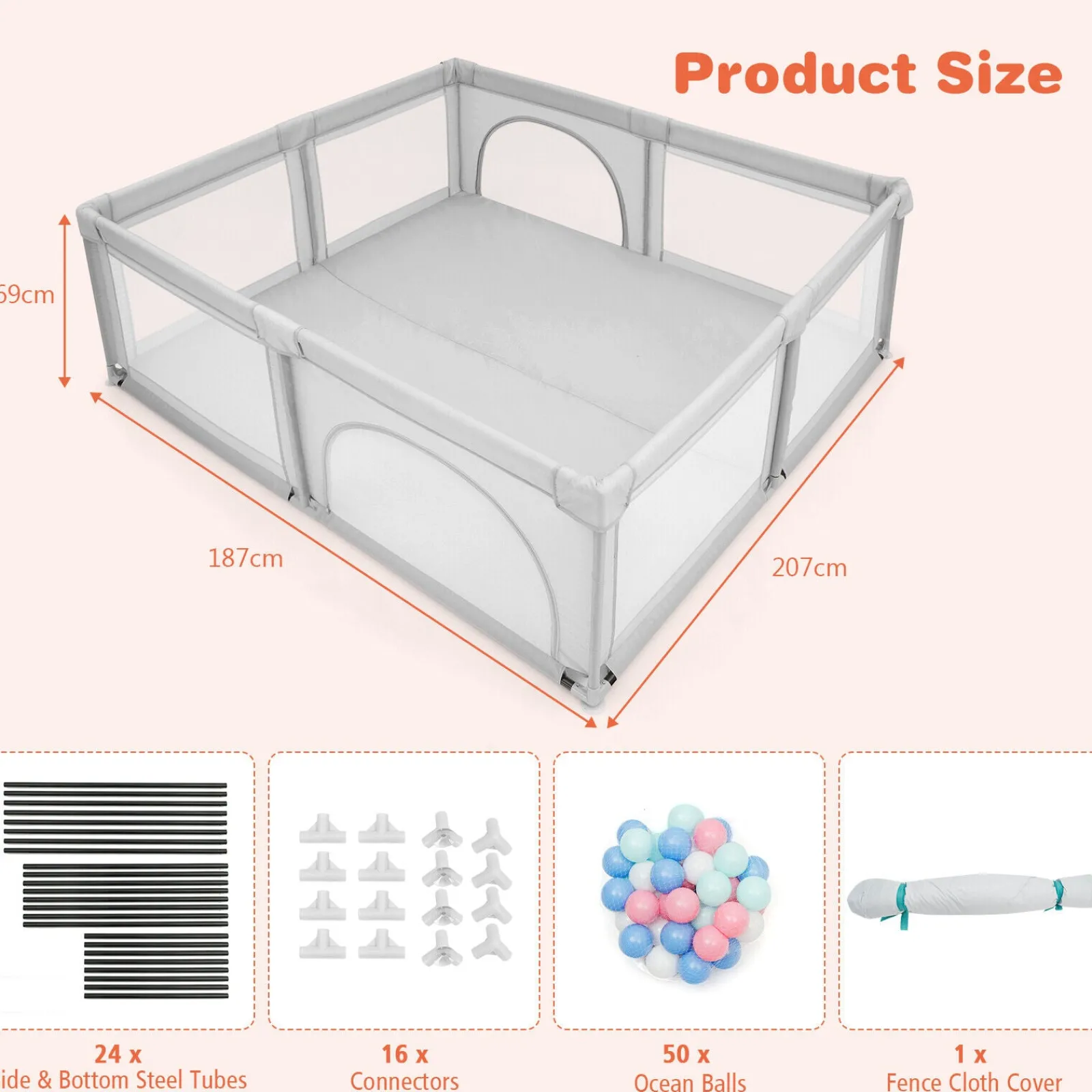 Kinder Little Helper Extragroßer Babylaufstall und Bällebad mit 50 Bällen | Atmungsaktives Netzgewebe | 2,07 m x 1,87 m | Zartes Grau