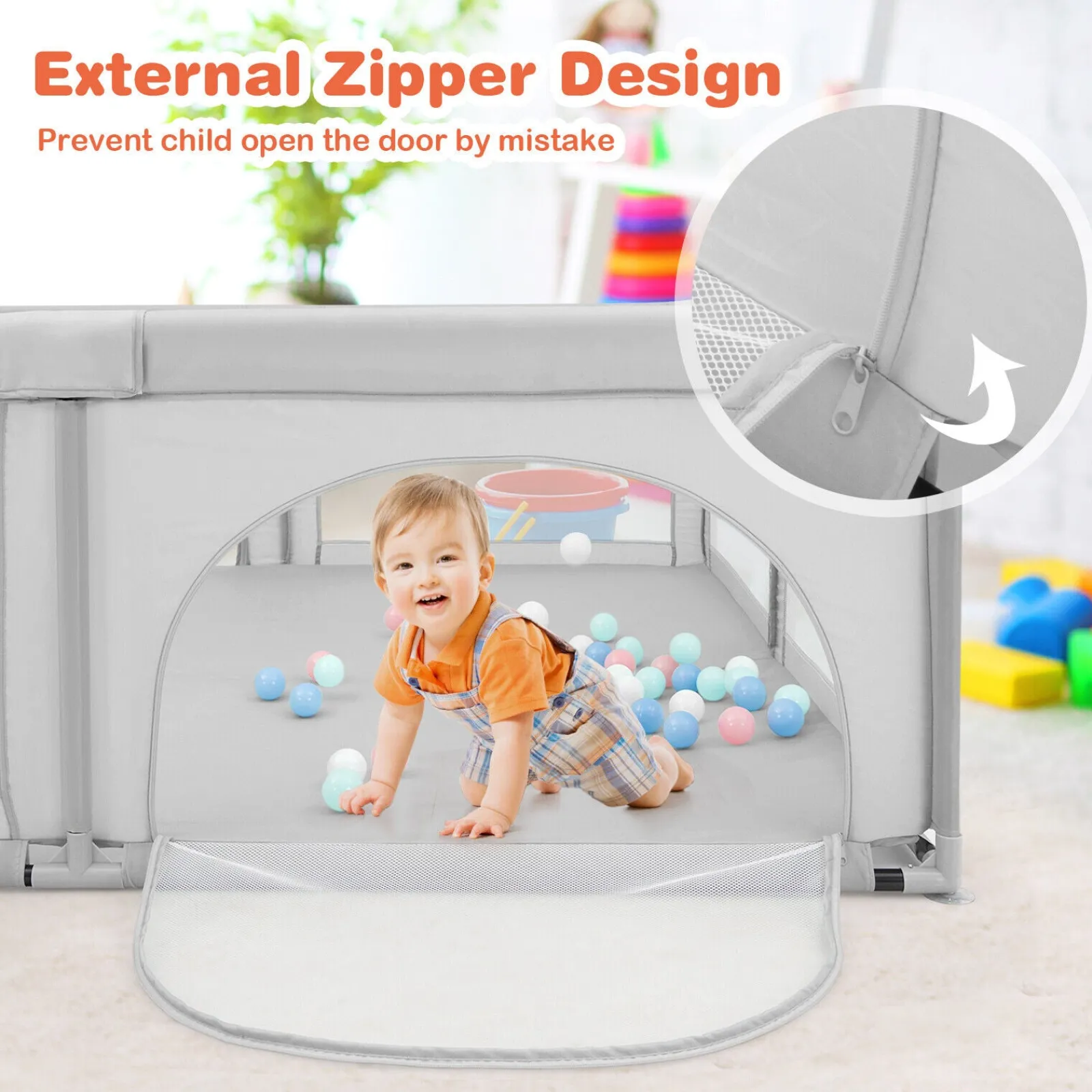Kinder Little Helper Extragroßer Babylaufstall und Bällebad mit 50 Bällen | Atmungsaktives Netzgewebe | 2,07 m x 1,87 m | Zartes Grau