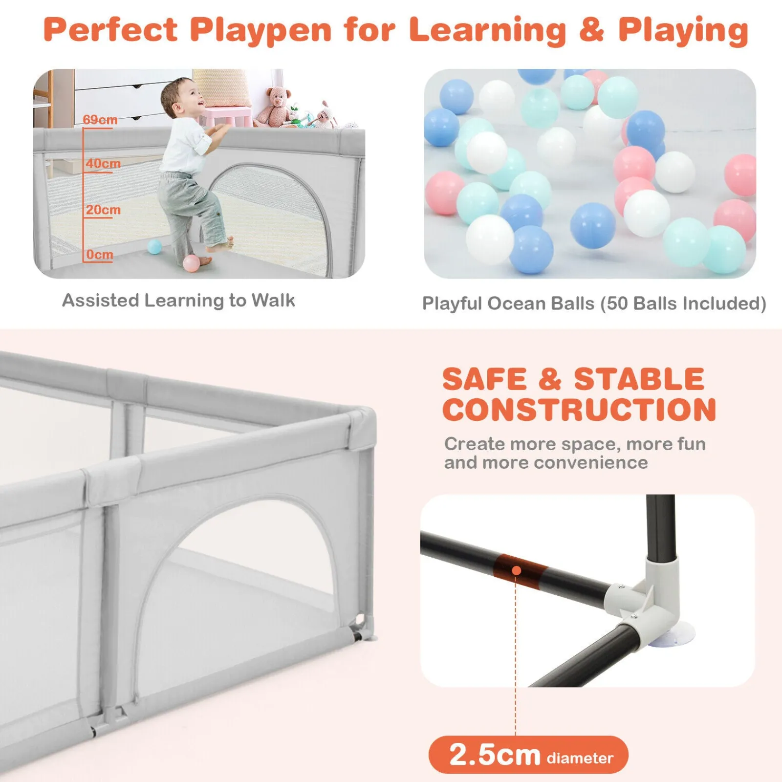 Kinder Little Helper Extragroßer Babylaufstall und Bällebad mit 50 Bällen | Atmungsaktives Netzgewebe | 2,07 m x 1,87 m | Zartes Grau
