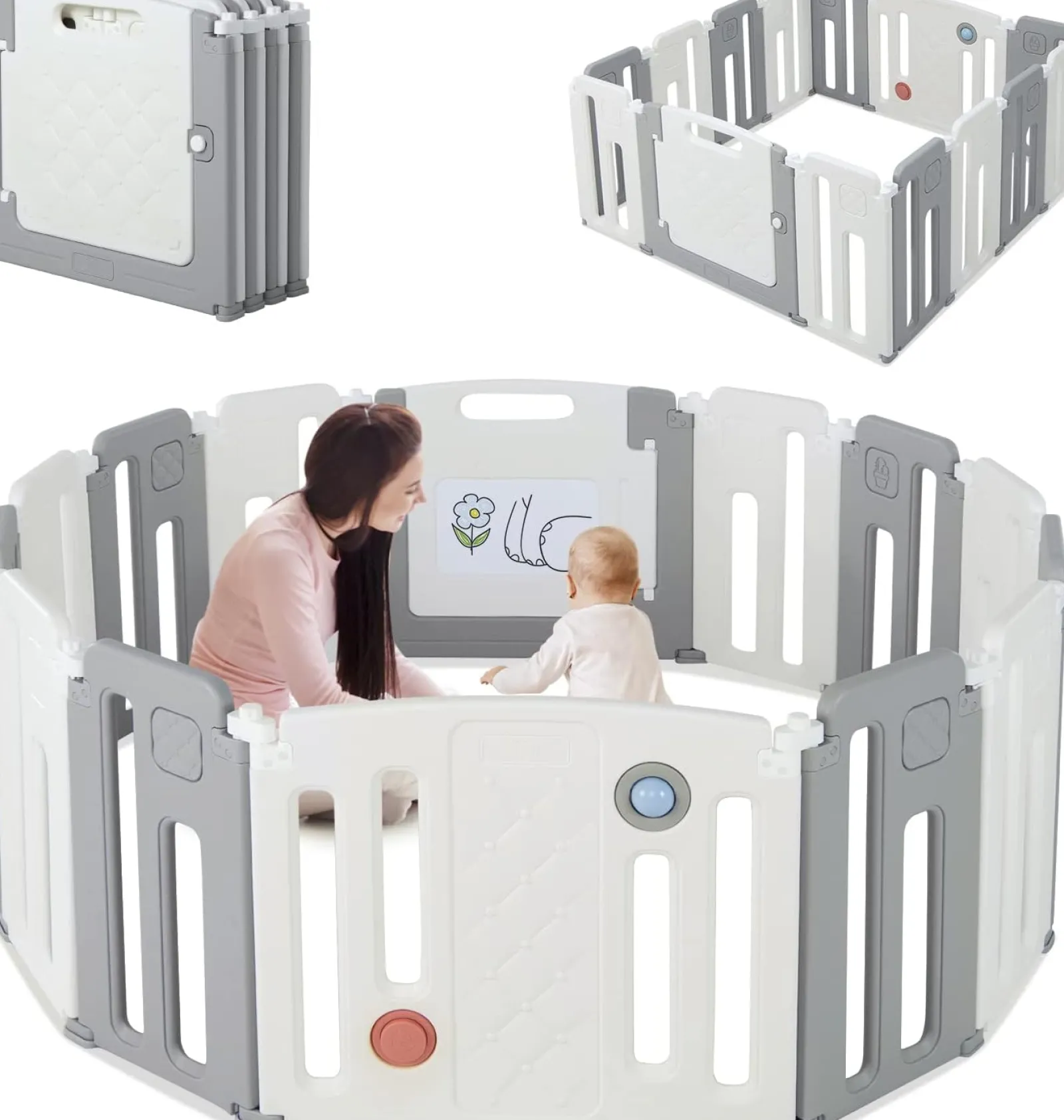 Kinder Little Helper Faltbarer und modularer Baby-Laufstall mit 14 Elementen | Bällebad | Aktivitätsfeld mit Geräuschen | Grau und Weiß