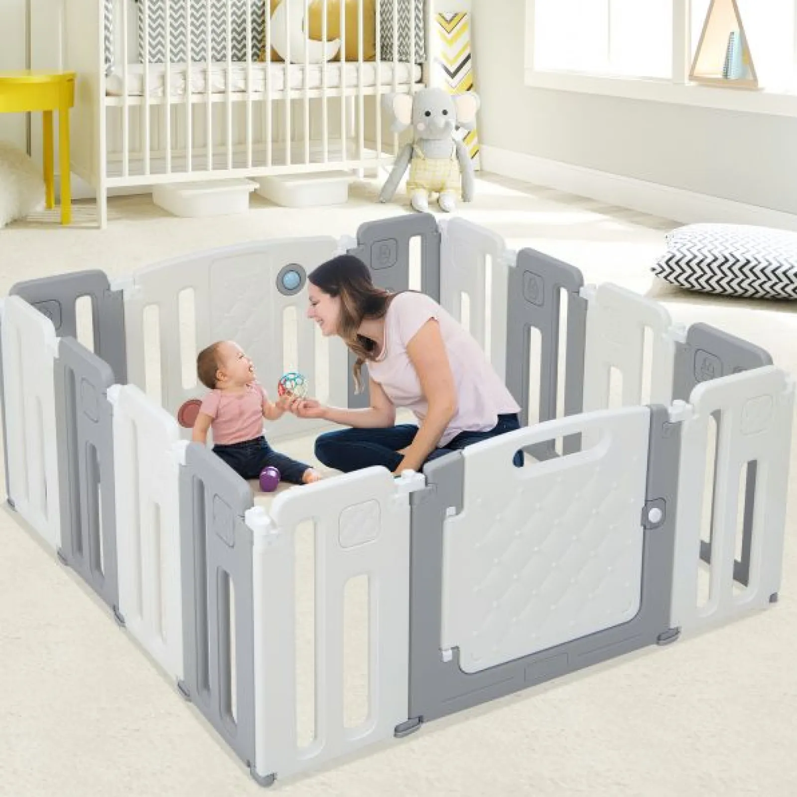 Kinder Little Helper Faltbarer und modularer Baby-Laufstall mit 14 Elementen | Bällebad | Aktivitätsfeld mit Geräuschen | Grau und Weiß