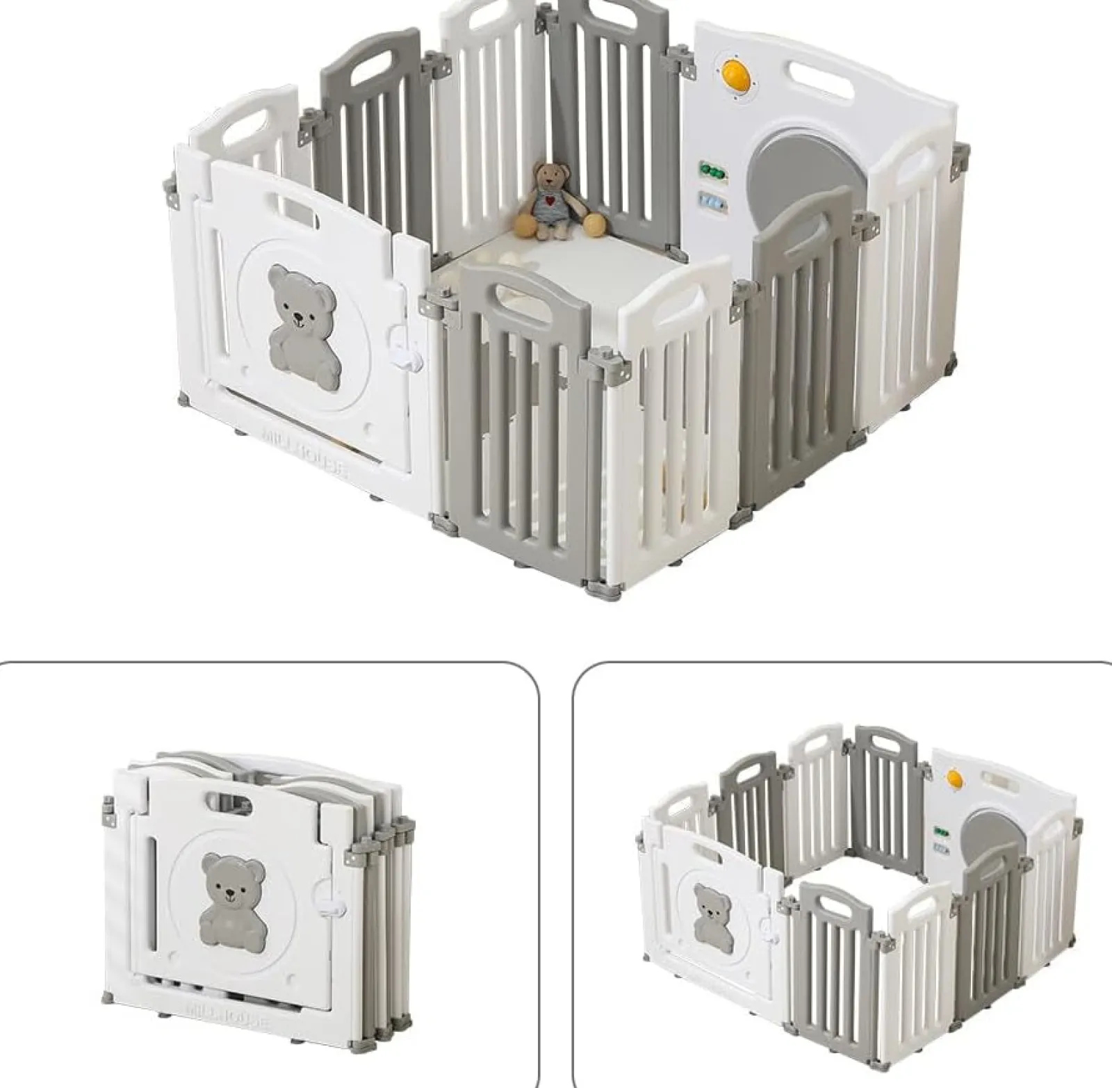 Kinder Little Helper Faltbarer und modularer Baby-Laufstall mit 10 Elementen | Bällebad | Grau und Weiß | Schaumstoffmatten optional