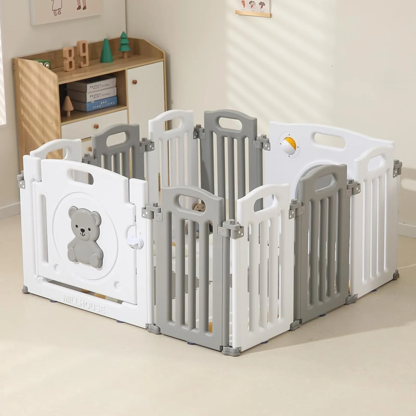 Kinder Little Helper Faltbarer und modularer Baby-Laufstall mit 10 Elementen | Bällebad | Grau und Weiß | Schaumstoffmatten optional