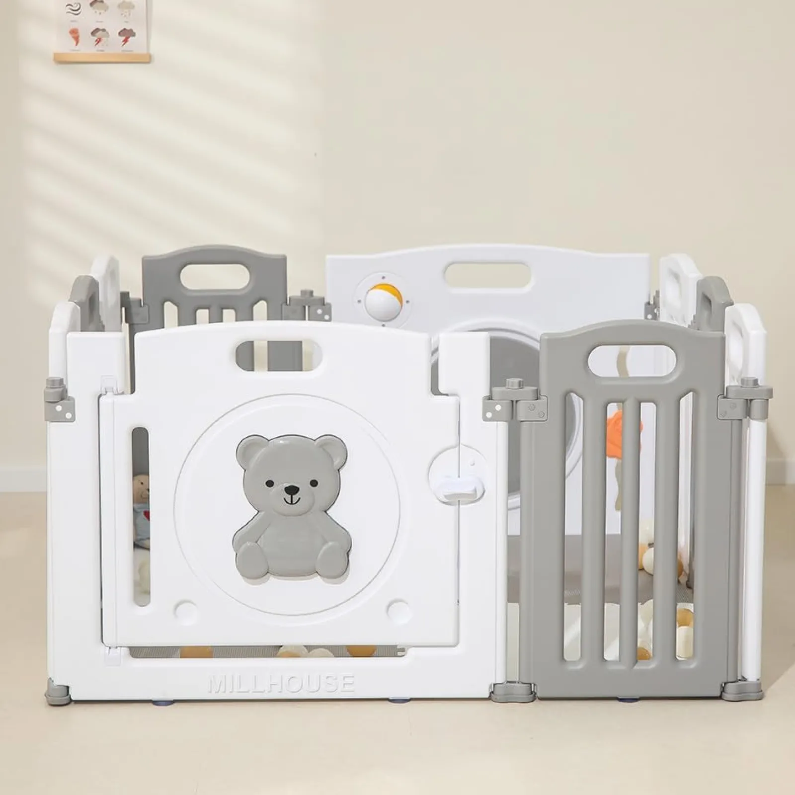 Kinder Little Helper Faltbarer und modularer Baby-Laufstall mit 10 Elementen | Bällebad | Grau und Weiß | Schaumstoffmatten optional