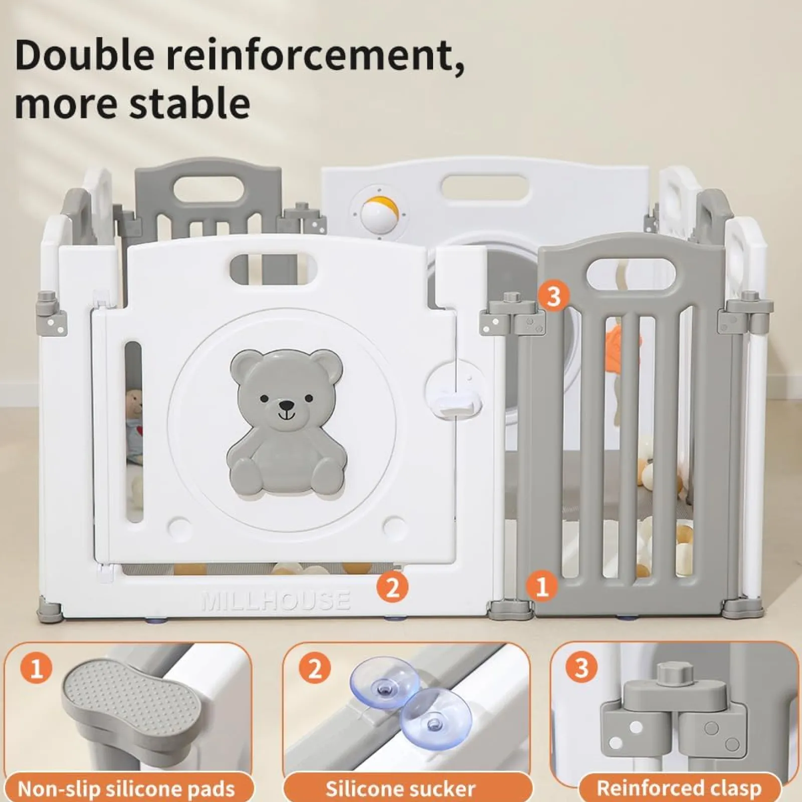 Kinder Little Helper Faltbarer und modularer Baby-Laufstall mit 10 Elementen | Bällebad | Grau und Weiß | Schaumstoffmatten optional