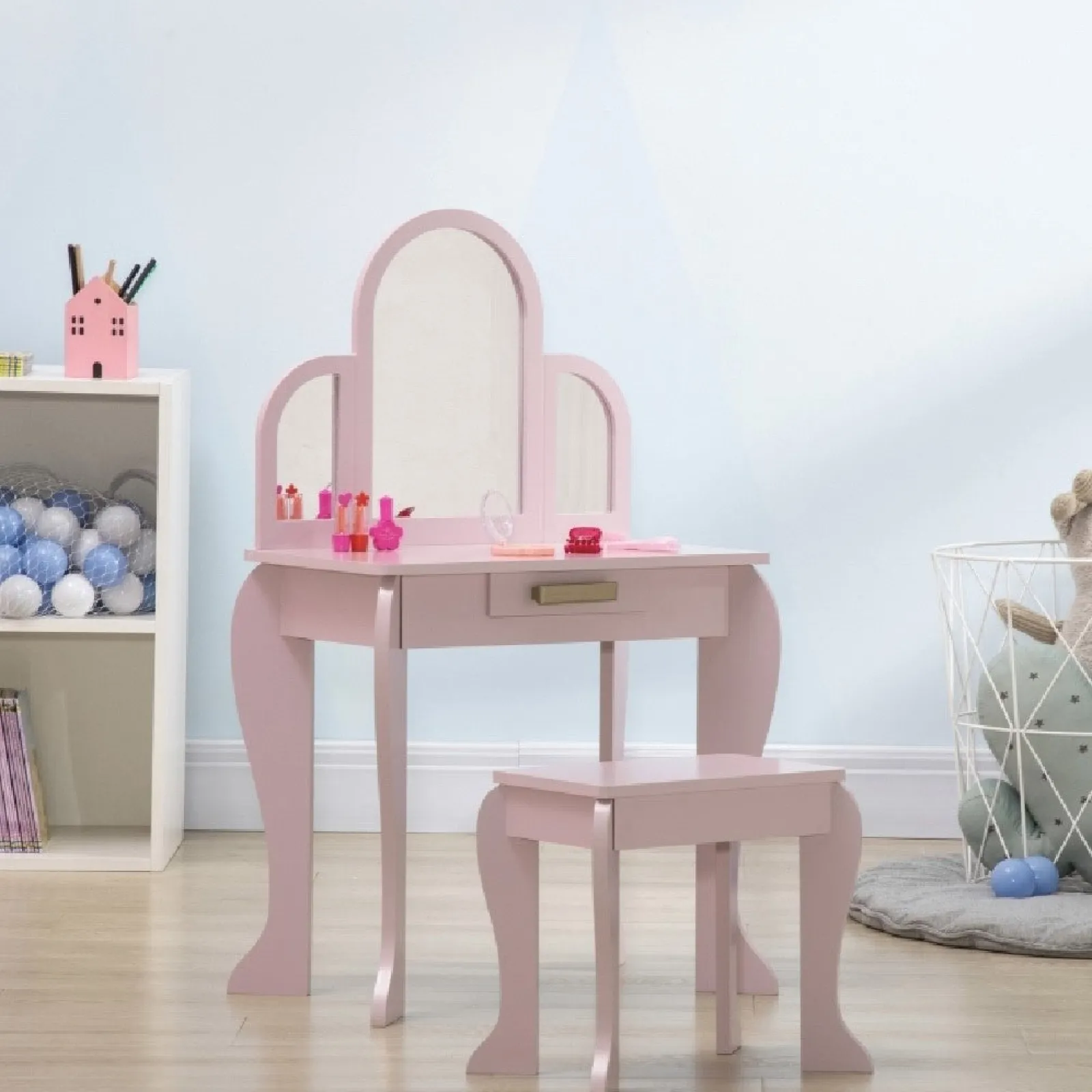 Kinder Little Helper Frisiertisch mit Spiegel und Hocker für Mädchen | Schminktisch mit Schublade | Rosa | 3–6 Jahre