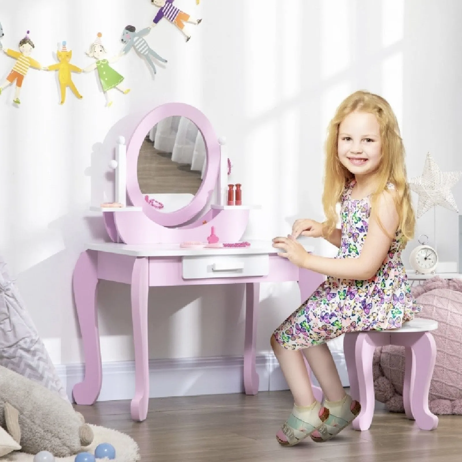Kinder Little Helper Frisiertisch mit Spiegel und Hocker für Mädchen | Schminktisch mit Schublade | Rosa & Weiß | 3–6 Jahre