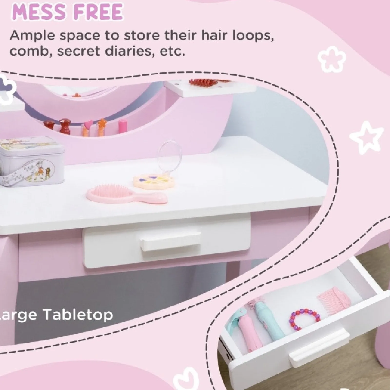 Kinder Little Helper Frisiertisch mit Spiegel und Hocker für Mädchen | Schminktisch mit Schublade | Rosa & Weiß | 3–6 Jahre