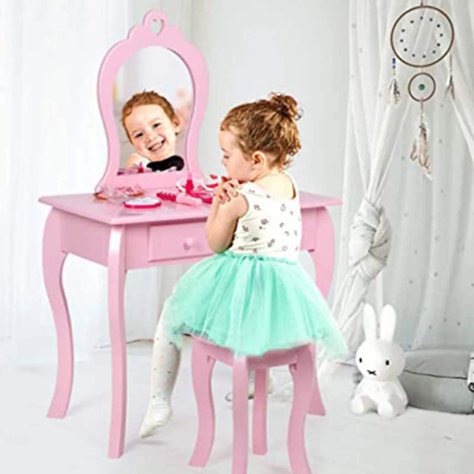 Kinder Little Helper Frisiertisch und Hocker mit Spiegel und Schubladen für Mädchen im Prinzessinnen-Stil | Schminktisch für Kinder | Rosa | 3–8 Jahre