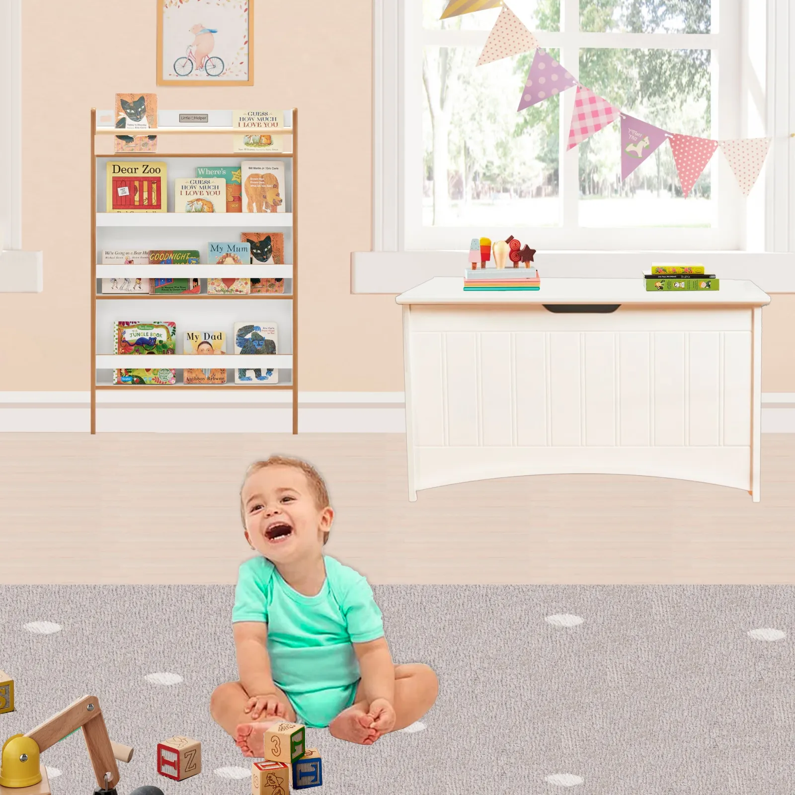 Kinder Little Helper Große Spielzeugkiste aus Holz für Kinder mit langsam öffnendem Scharnier | Ottomane | Deckenbox | Weiß | 80 cm lang