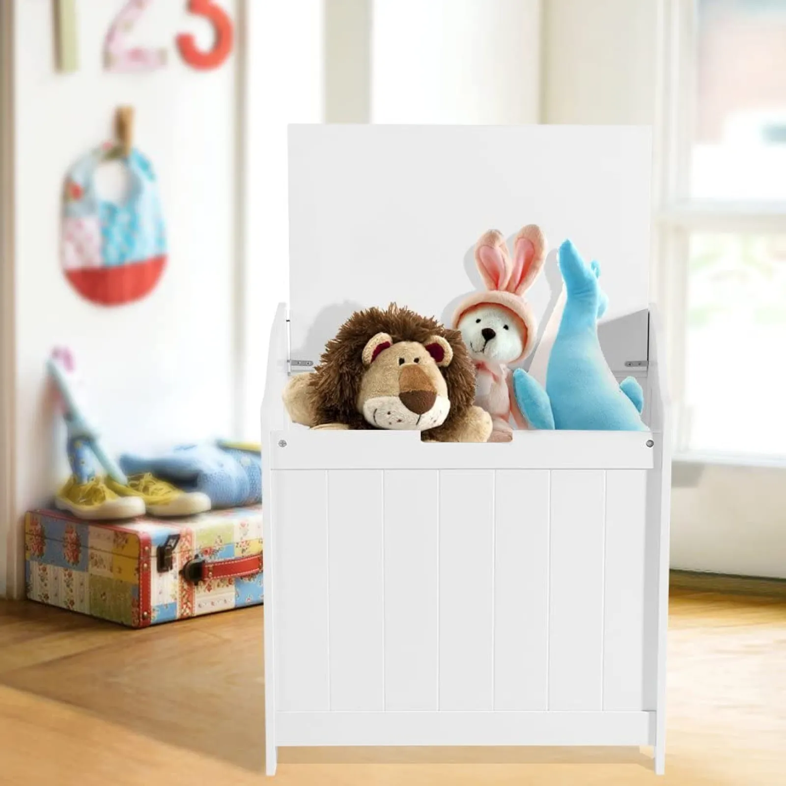 Kinder Little Helper Große Spielzeugkiste aus Holz für Kinder mit Scharnier mit langsamer Öffnung | Ottomane | Deckenbox | Weiß