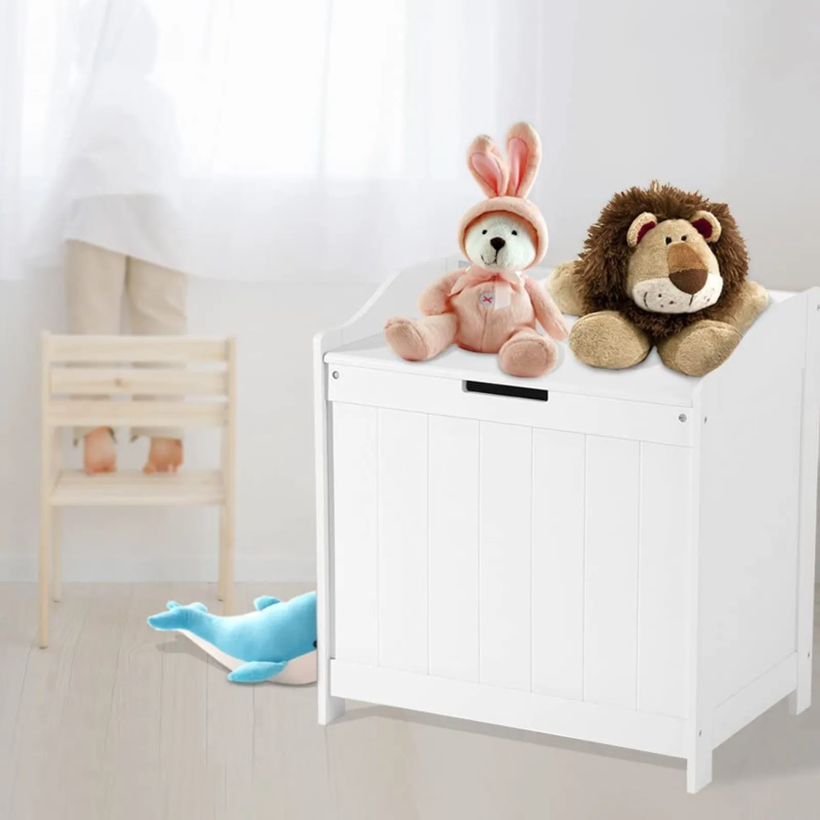 Kinder Little Helper Große Spielzeugkiste aus Holz für Kinder mit Scharnier mit langsamer Öffnung | Ottomane | Deckenbox | Weiß