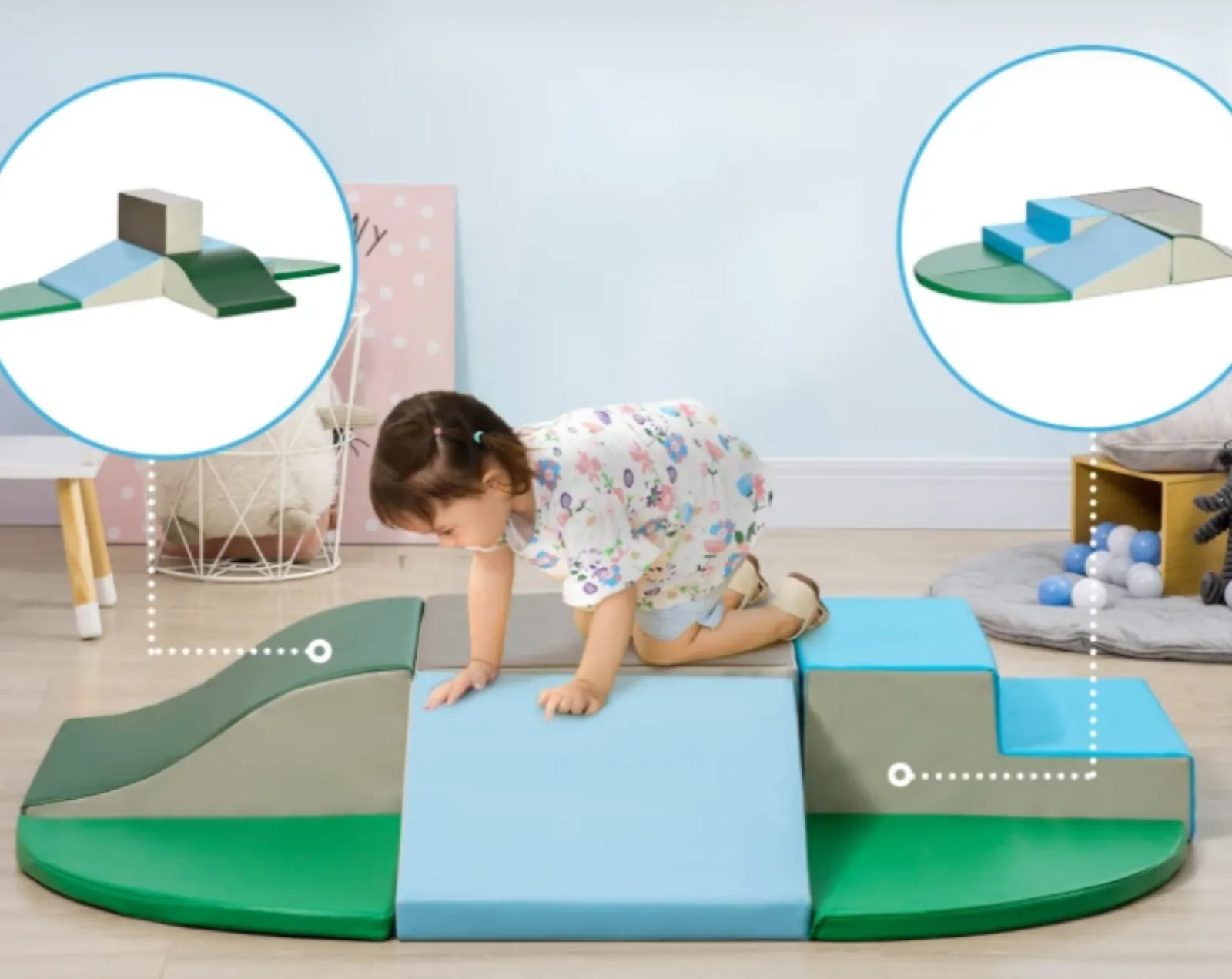 Kinder Little Helper Große weiche Spielgeräte für drinnen und draußen | 6-teiliges Montessori-Spielset aus Schaumstoff mit Stufen | Blau und Grün | Ab 18 Monaten