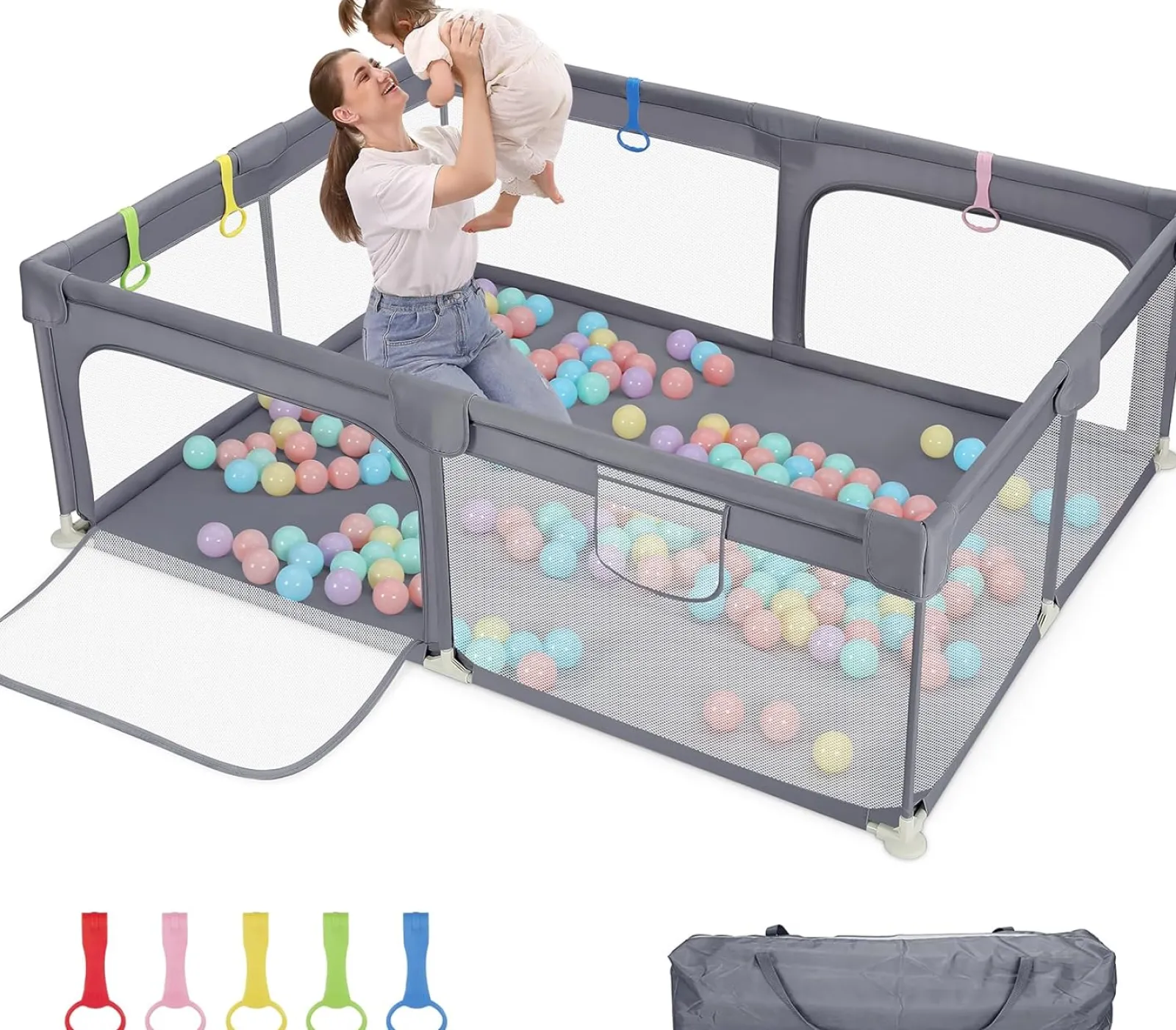 Kinder Little Helper Großer Baby-Laufstall und Bällebad mit Tragetasche und Klimmzugringen | Mesh-Stoff | 2. x 1,5m | Grau