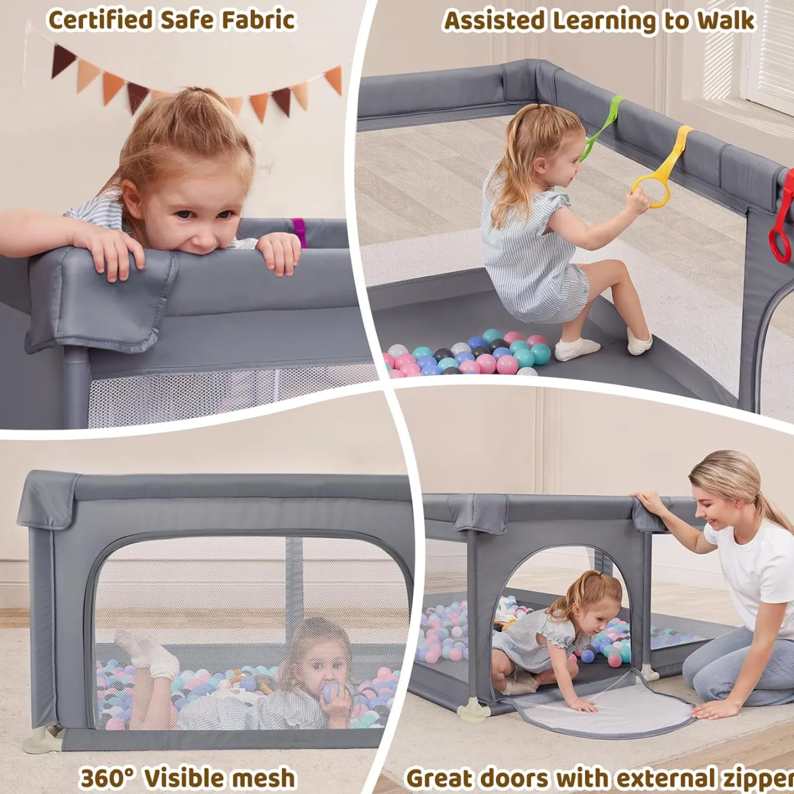 Kinder Little Helper Großer Baby-Laufstall und Bällebad mit Tragetasche und Klimmzugringen | Mesh-Stoff | 2. x 1,5m | Grau