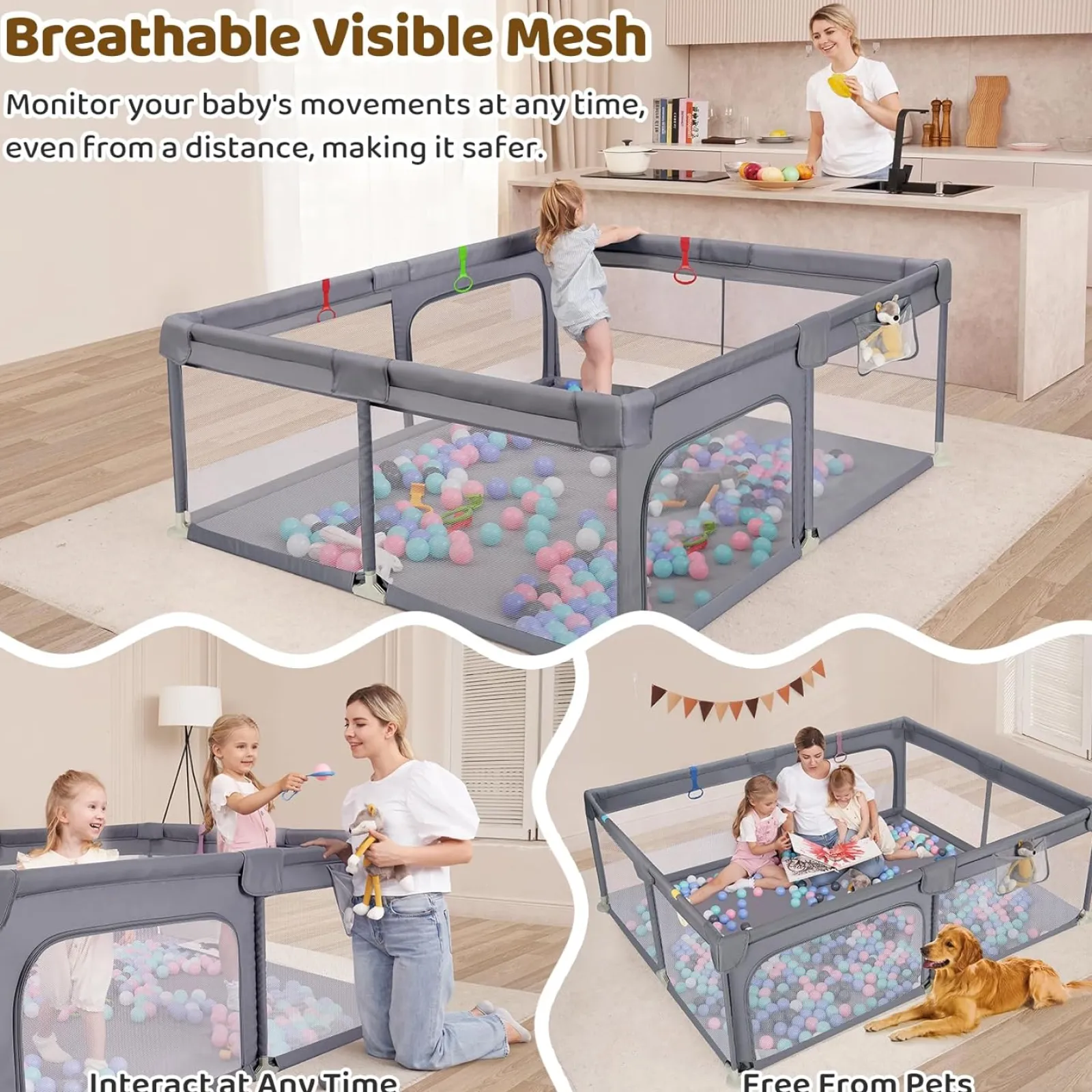 Kinder Little Helper Großer Baby-Laufstall und Bällebad mit Tragetasche und Klimmzugringen | Mesh-Stoff | 2. x 1,5m | Grau