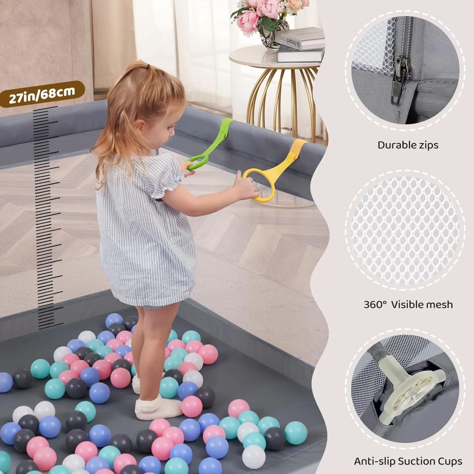 Kinder Little Helper Großer Baby-Laufstall und Bällebad mit Tragetasche und Klimmzugringen | Mesh-Stoff | 2. x 1,5m | Grau