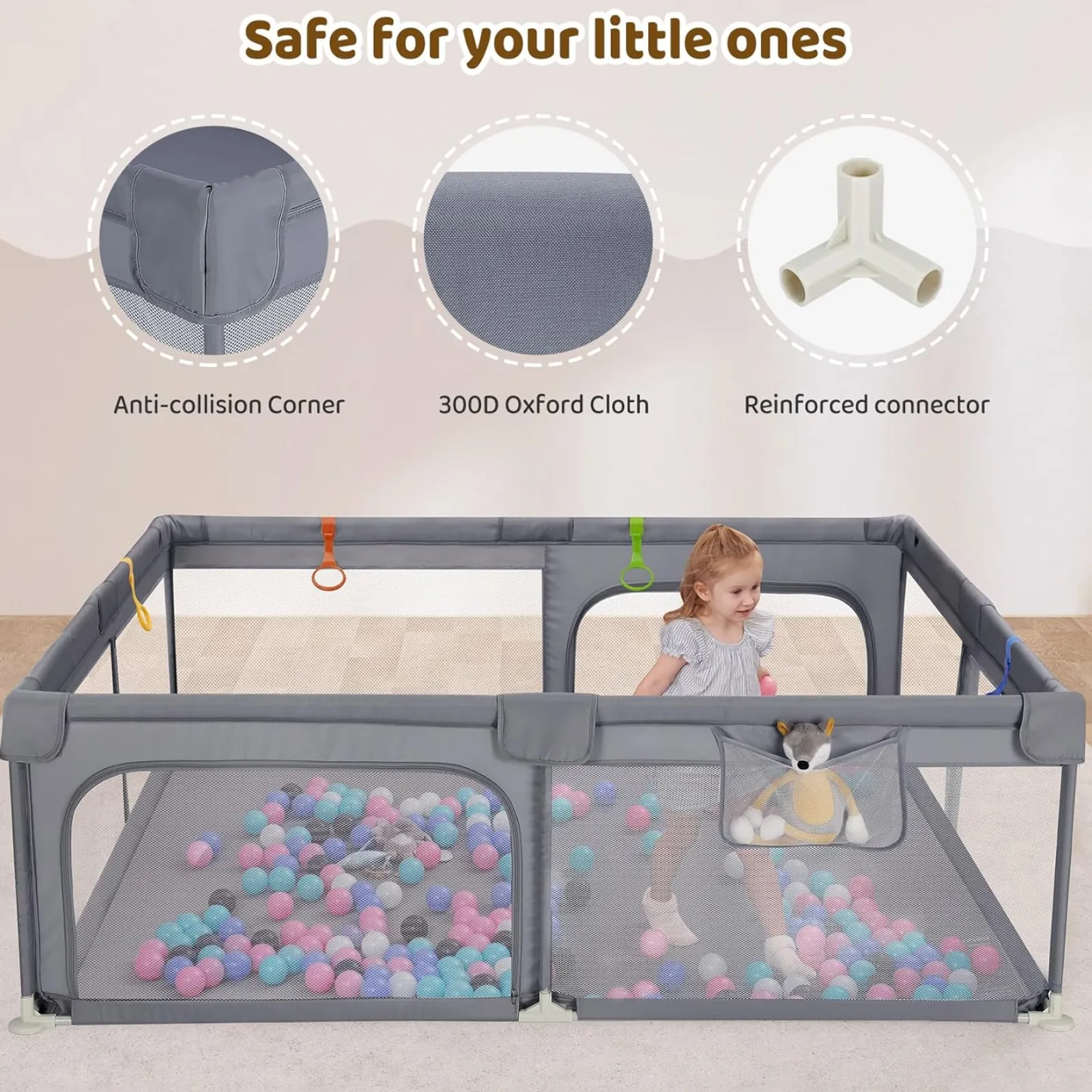 Kinder Little Helper Großer Baby-Laufstall und Bällebad mit Tragetasche und Klimmzugringen | Mesh-Stoff | 2. x 1,5m | Grau