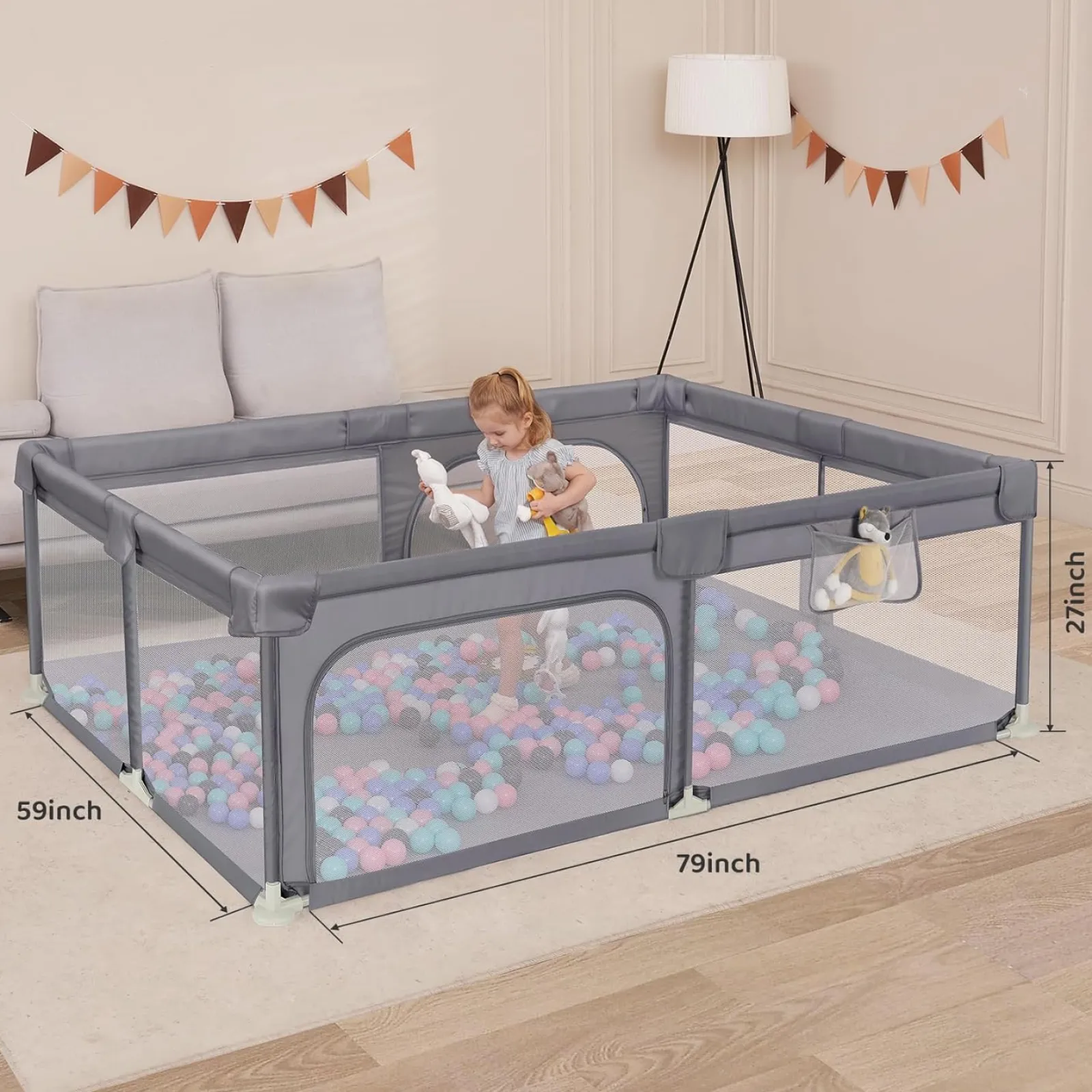 Kinder Little Helper Großer Baby-Laufstall und Bällebad mit Tragetasche und Klimmzugringen | Mesh-Stoff | 2. x 1,5m | Grau