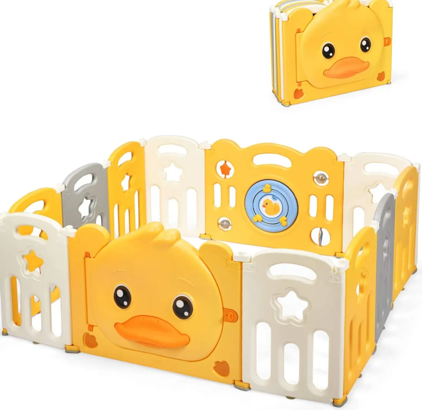Kinder Little Helper Großer faltbarer Baby-Laufstall mit 12 Elementen und Bällebad | Gelbes Sunshine-Design mit „Auto“-Motiv