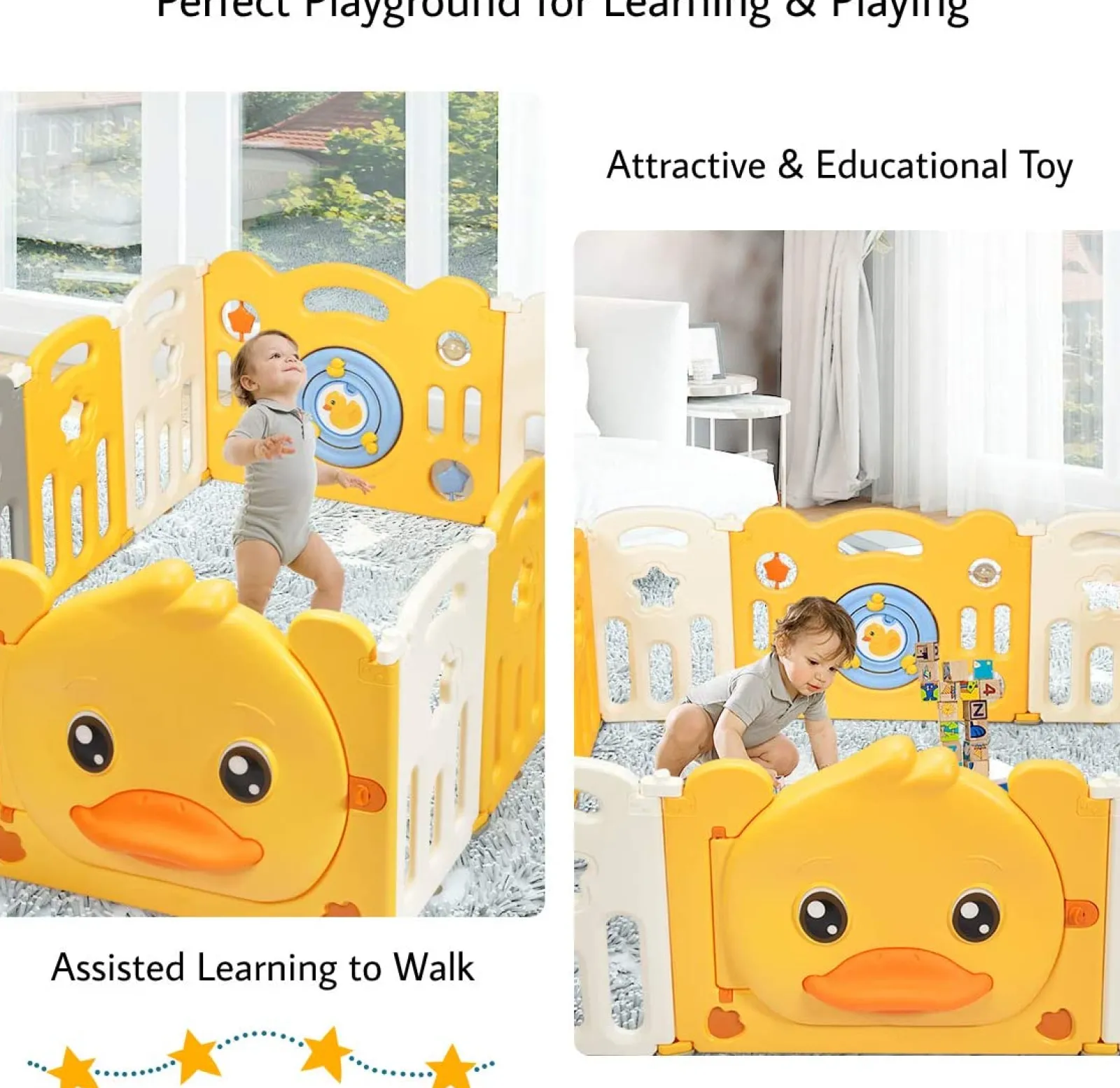 Kinder Little Helper Großer faltbarer Baby-Laufstall mit 12 Elementen und Bällebad | Gelbes Sunshine-Design mit „Auto“-Motiv