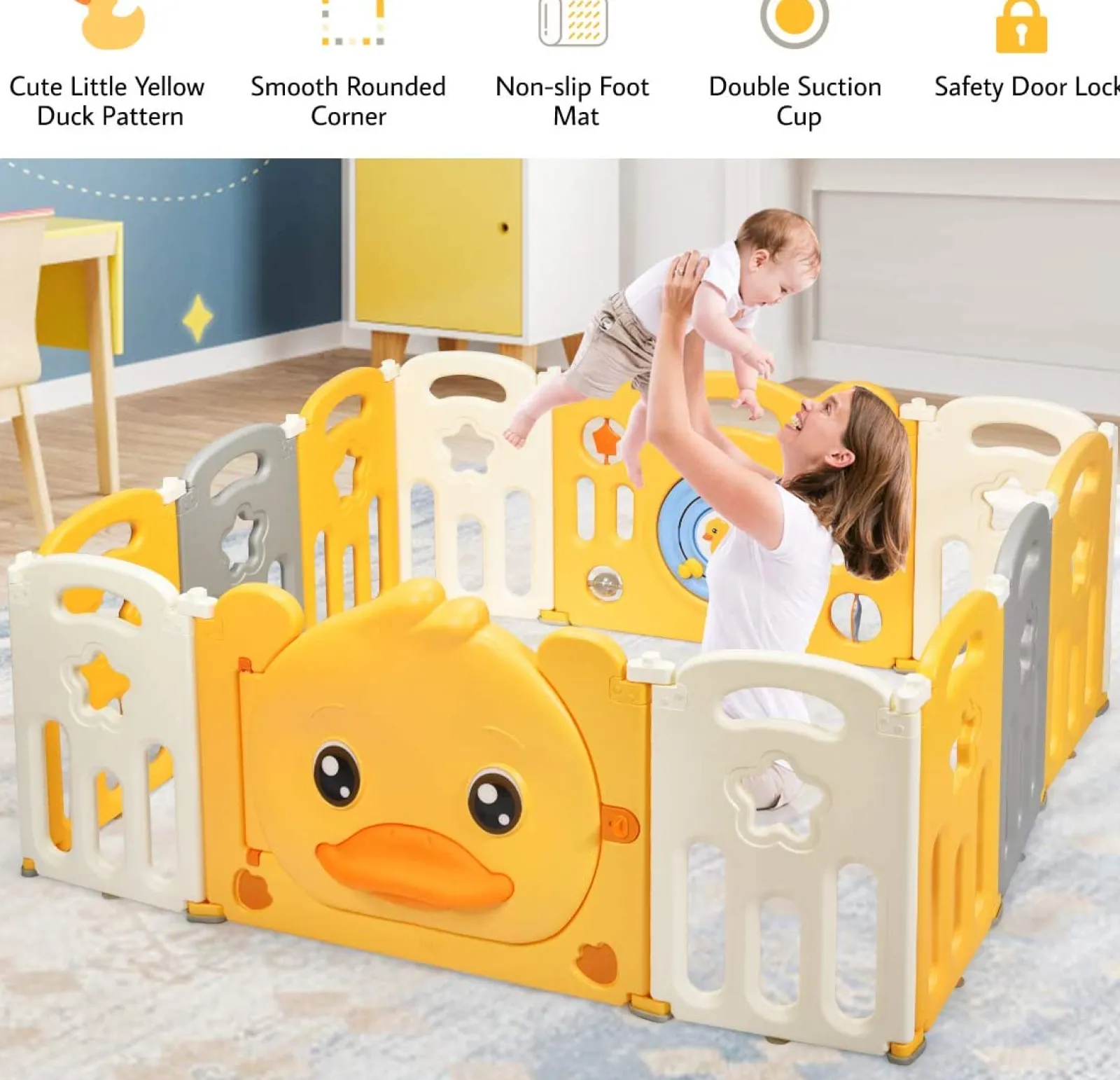 Kinder Little Helper Großer faltbarer Baby-Laufstall mit 12 Elementen und Bällebad | Gelbes Sunshine-Design mit „Auto“-Motiv