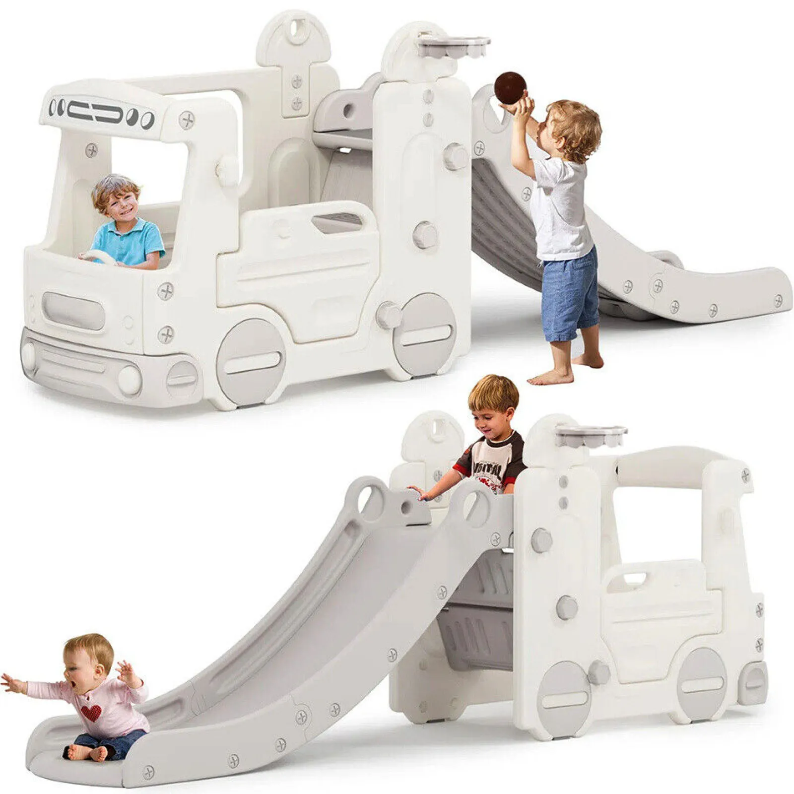 Kinder Little Helper Großer Montessori 4-in-1 Bus & Rutsche mit Basketballkorb | Fahren | Klettern | Rutschen | Körbe werfen | Ab 2 Jahren