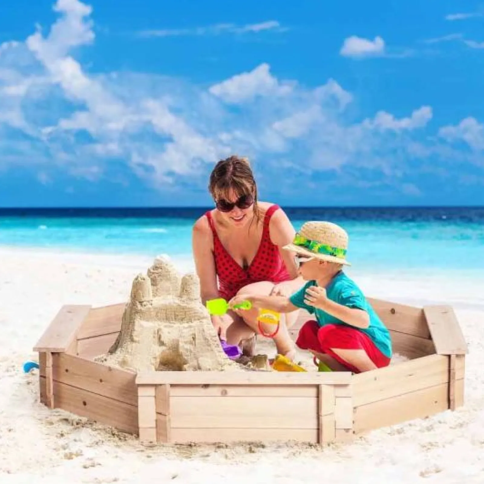 Little Helper Großer Montessori-Sandkasten aus sechseckigem Öko-Holz mit KOSTENLOSER Abdeckung | 1,4 m Durchmesser