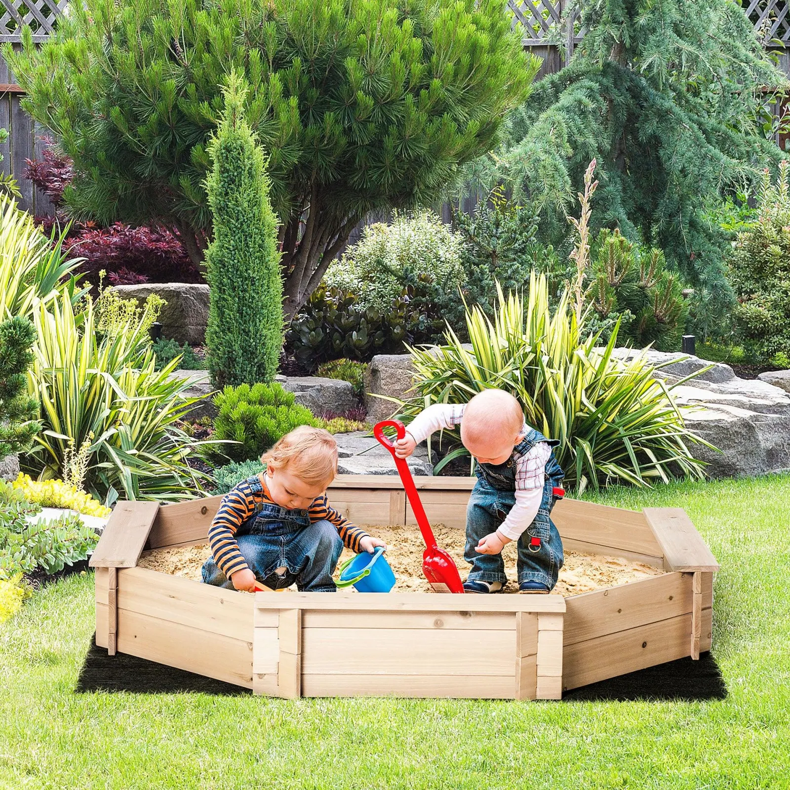 Little Helper Großer Montessori-Sandkasten aus sechseckigem Öko-Holz mit KOSTENLOSER Abdeckung | 1,4 m Durchmesser
