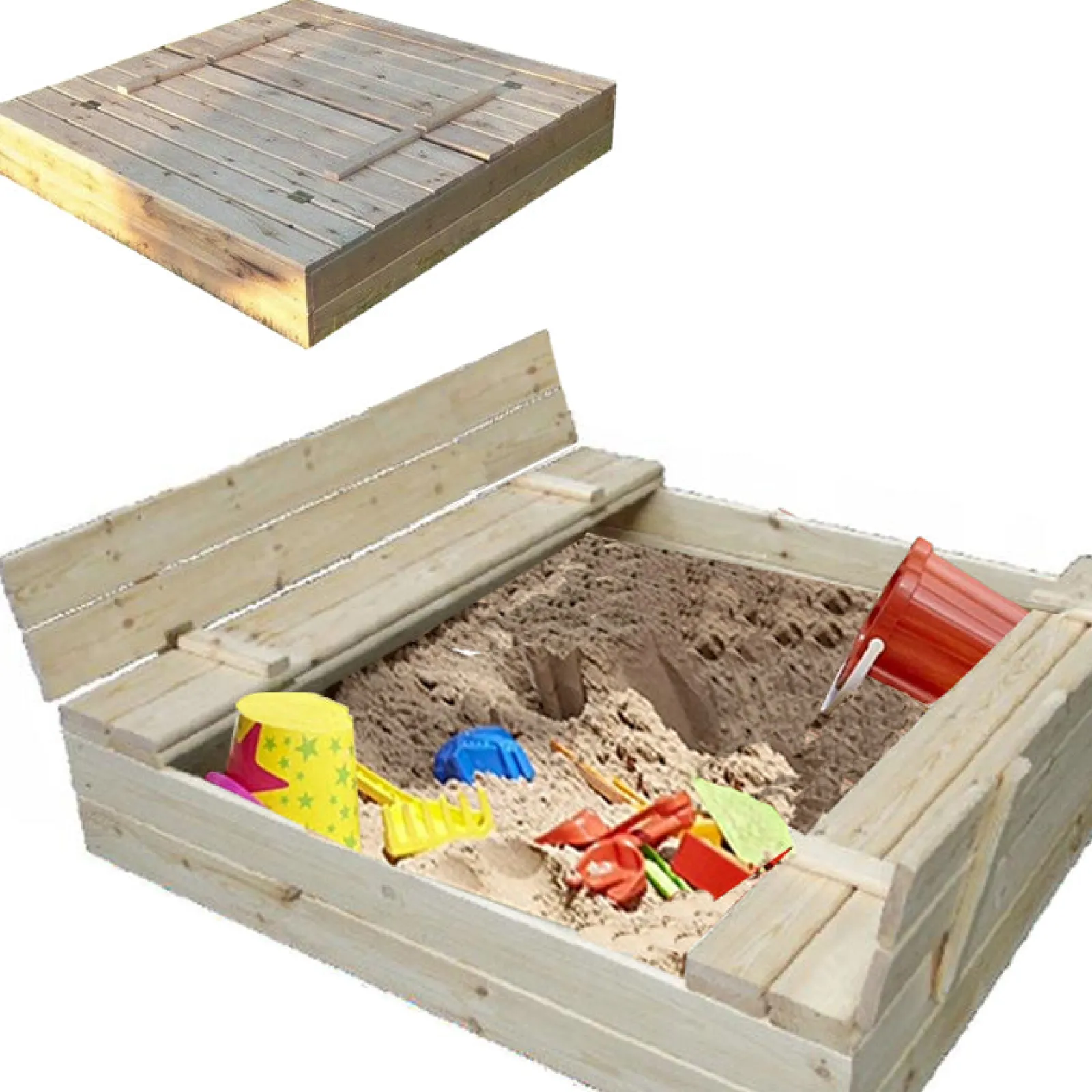Little Helper Großer robuster Deluxe-Sandkasten aus 100 % natürlichem FSC-Kiefernholz, 1,2 m | Deckel und Bank | 3-11 Jahre