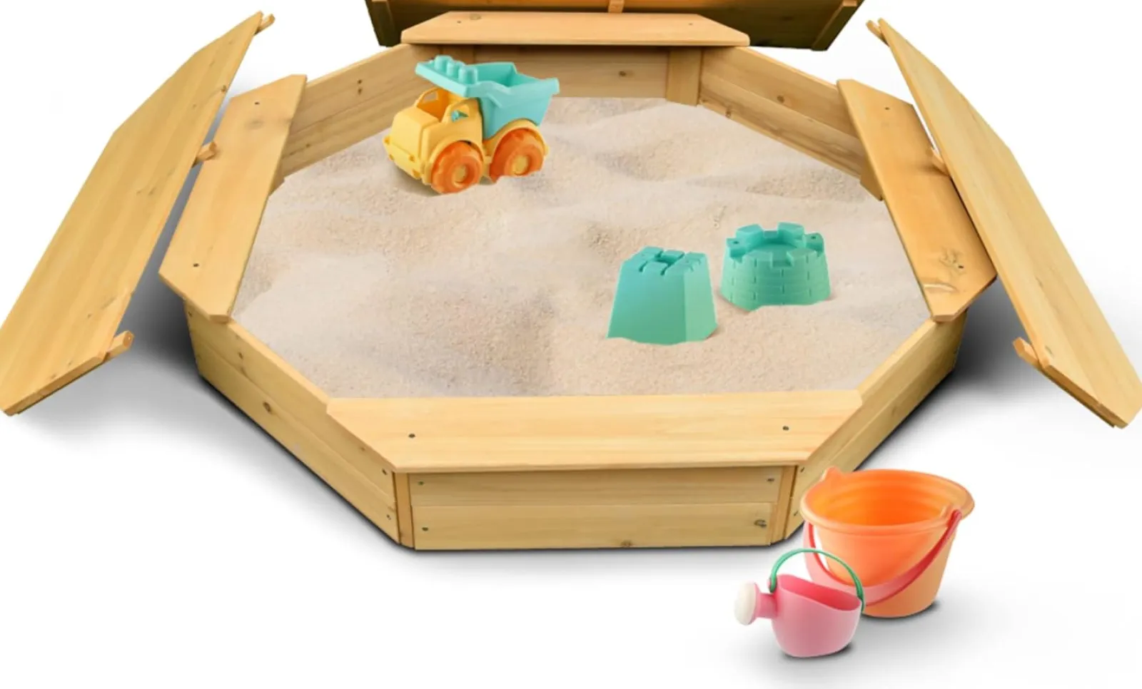 Little Helper Großer sechseckiger Sandkasten aus Ökoholz für Kinder mit Holzdeckel | 1,3 m Durchmesser