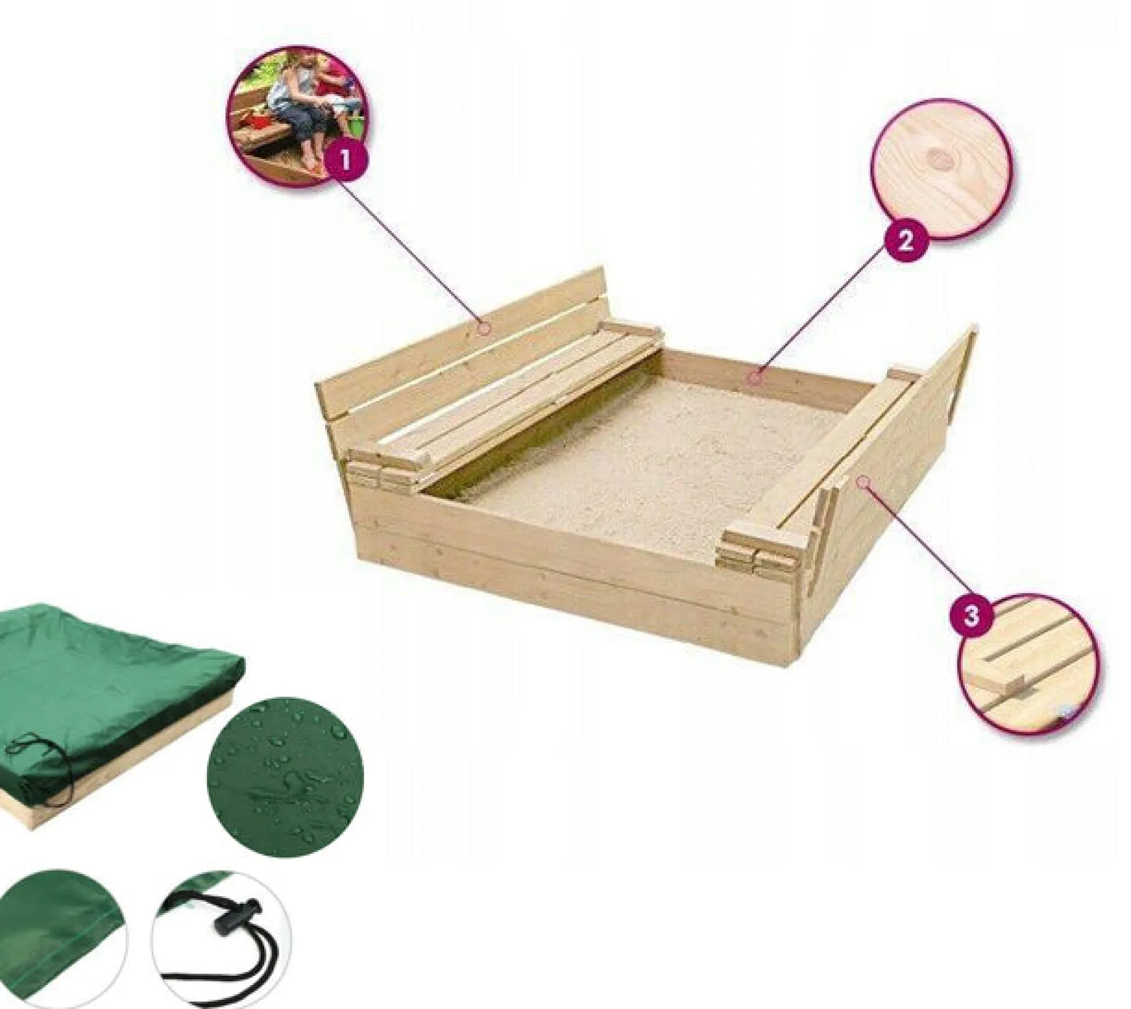 Little Helper Großer, umweltbewusster FSC-zertifizierter Sandkasten aus 100 % natürlichem Holz für Kinder mit Deckel, Sitzen und Bodeneinlage | 2–12 Jahre | 1,2 x 1,14 m im Quadrat